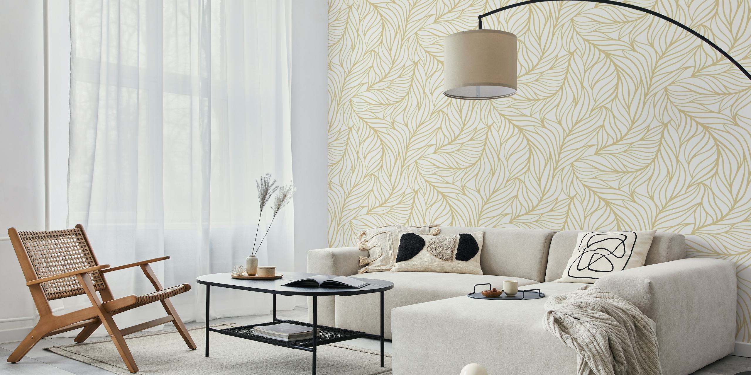Minimalist flowing leaves cream off-white wallpaper