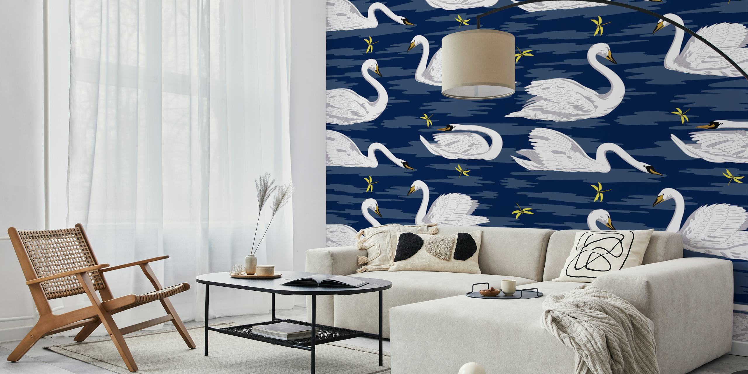 White swans on dark blue water background wallpaper