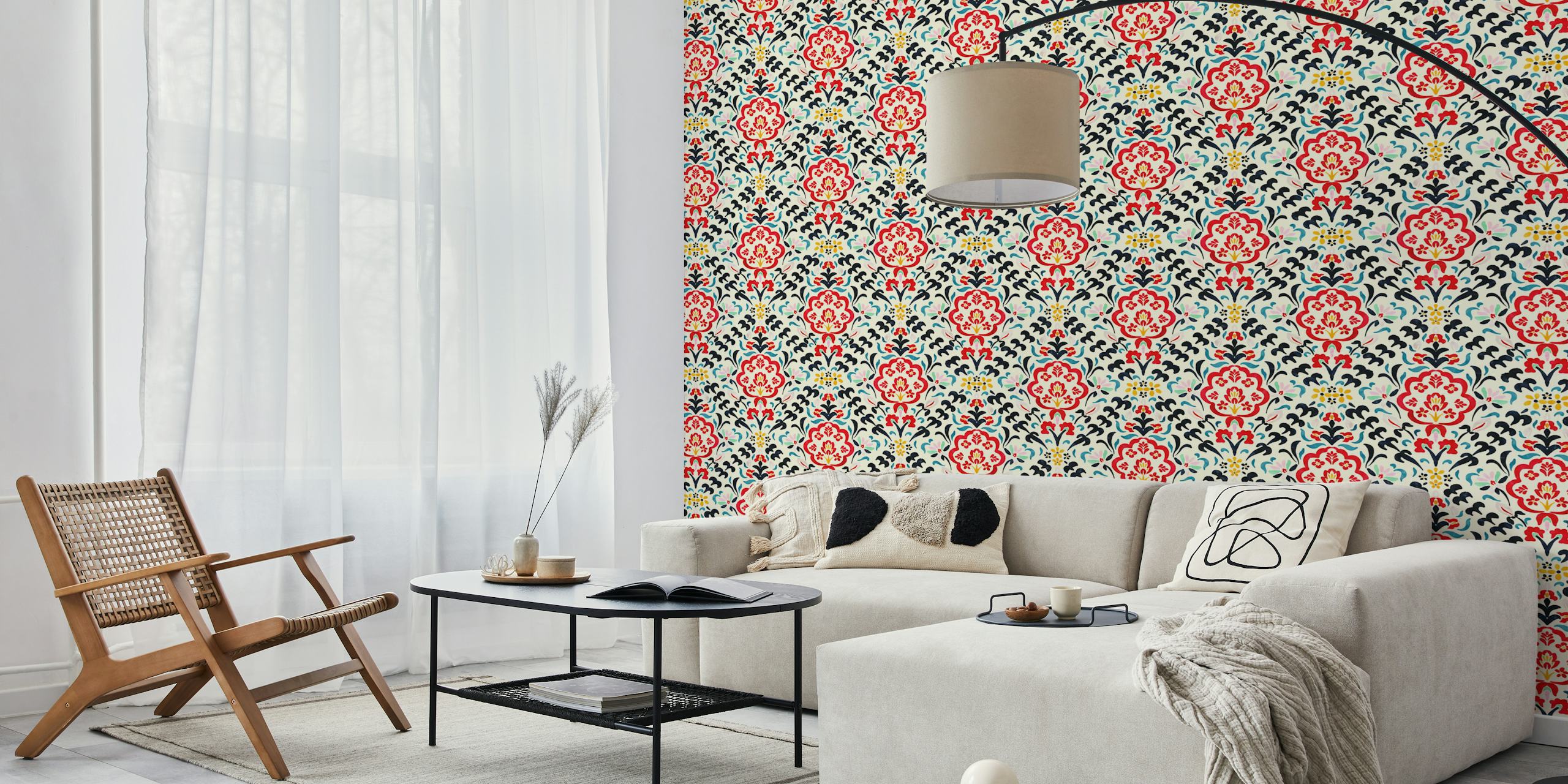 Multicolored floral patterns in red, blue, and gold on cream wallpaper