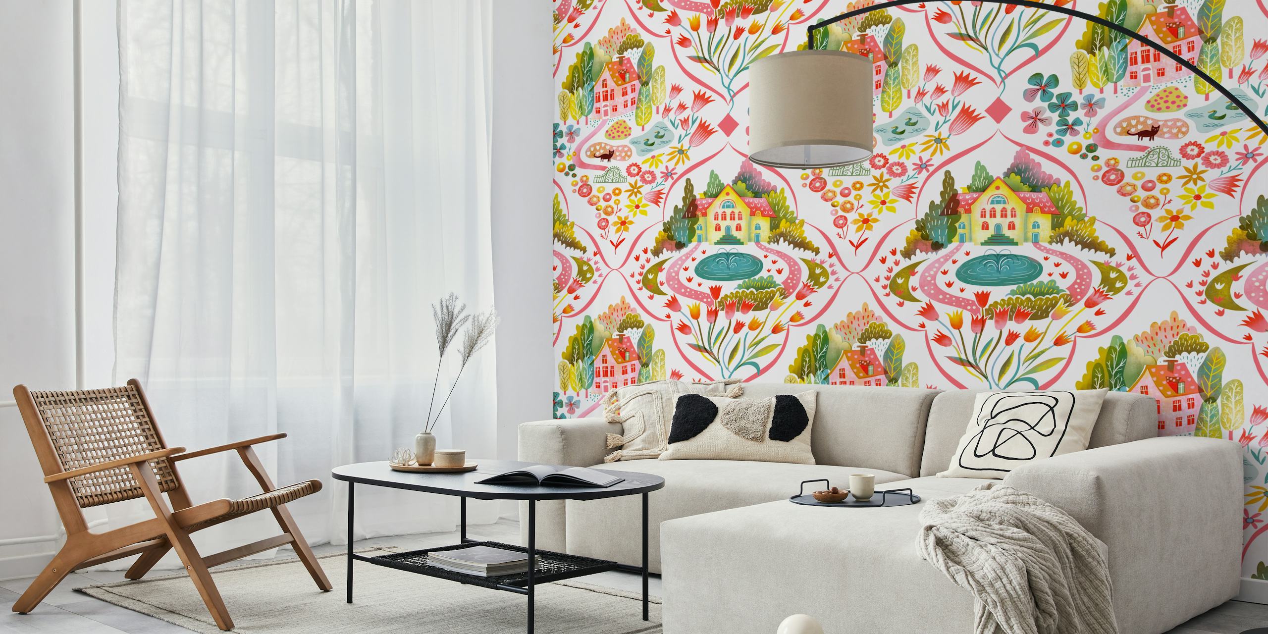 Blooming garden houses wallpaper in a room