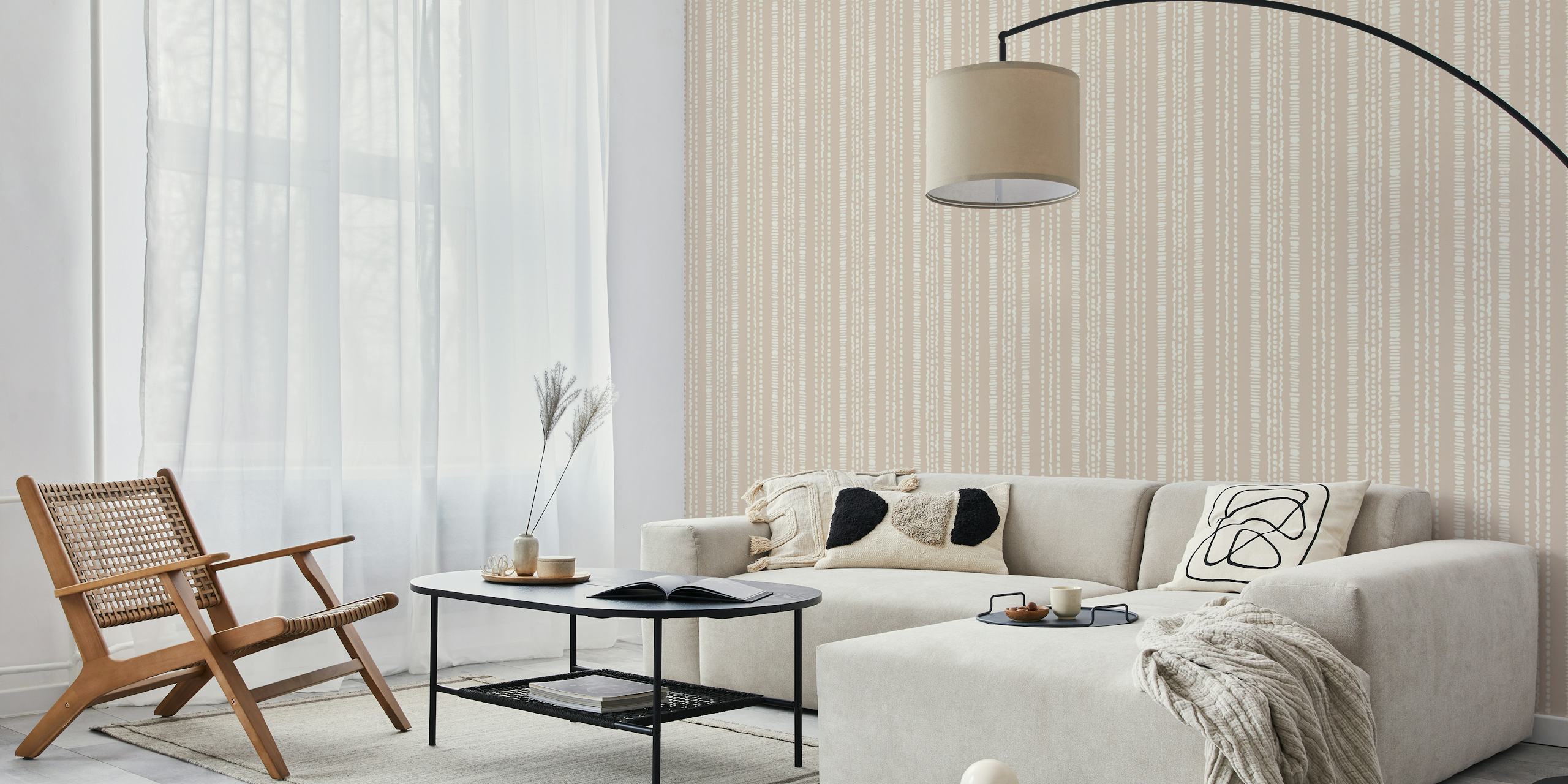 Boho stripe neutral sand wallpaper featuring light beige background with white stripes