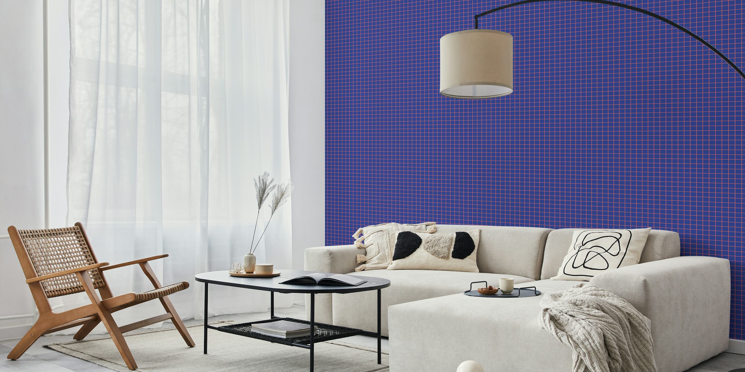 Geometric grid pattern wallpaper in navy blue and coral colors.