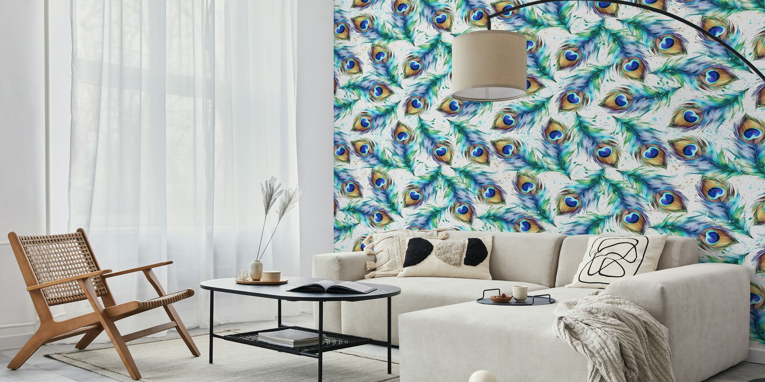 Watercolors Peacock Feathers tapet i ett rum