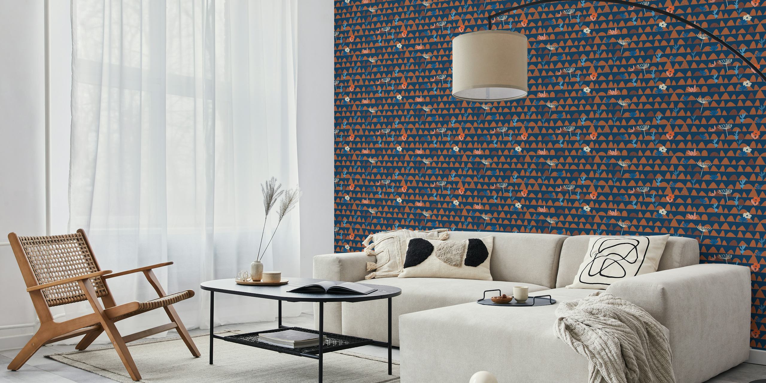 Dark blue wallpaper featuring floral motifs and mountain shapes in earthy tones