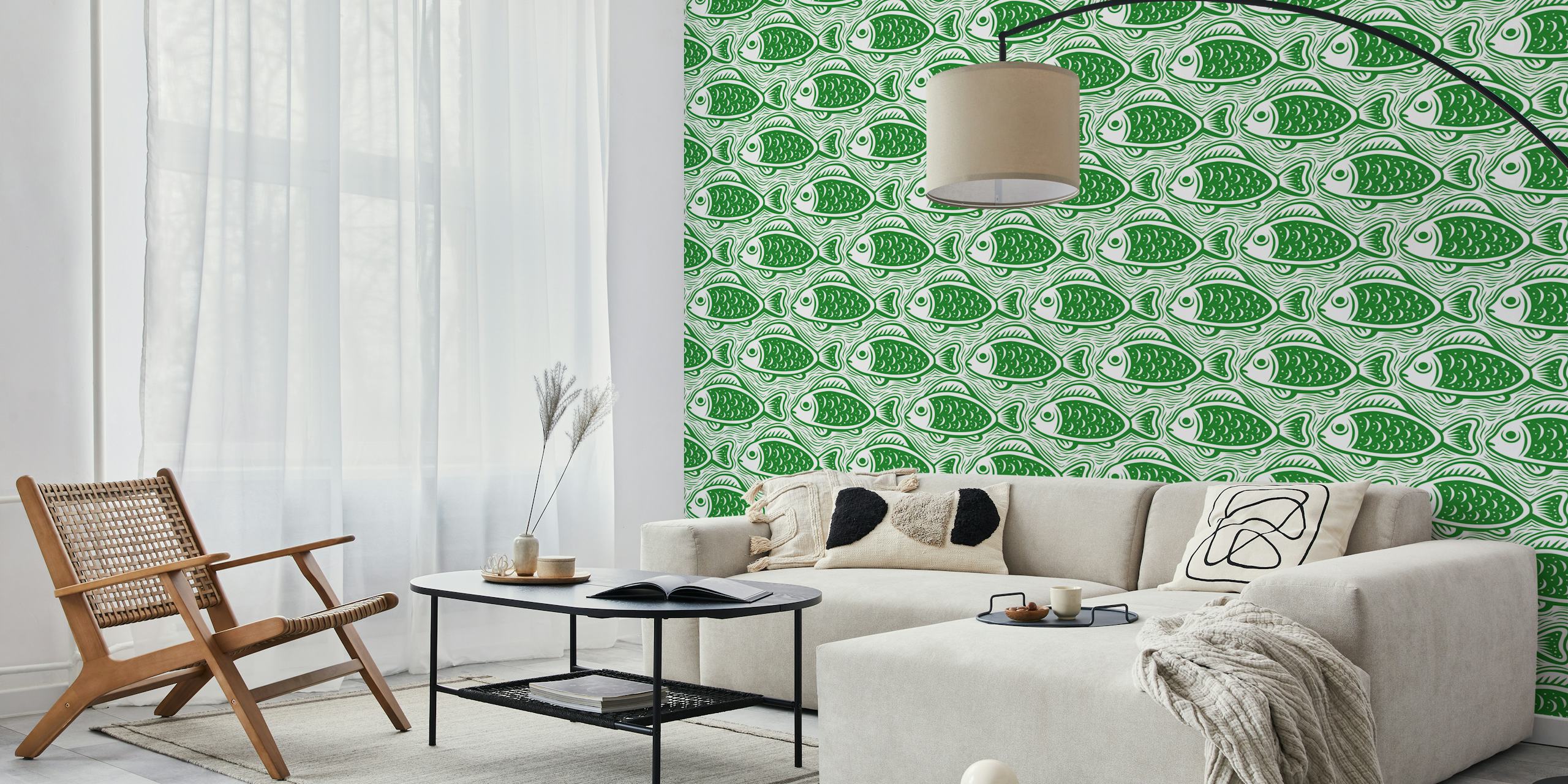 Block print fishes pattern σε πράσινο ταπετσαρία