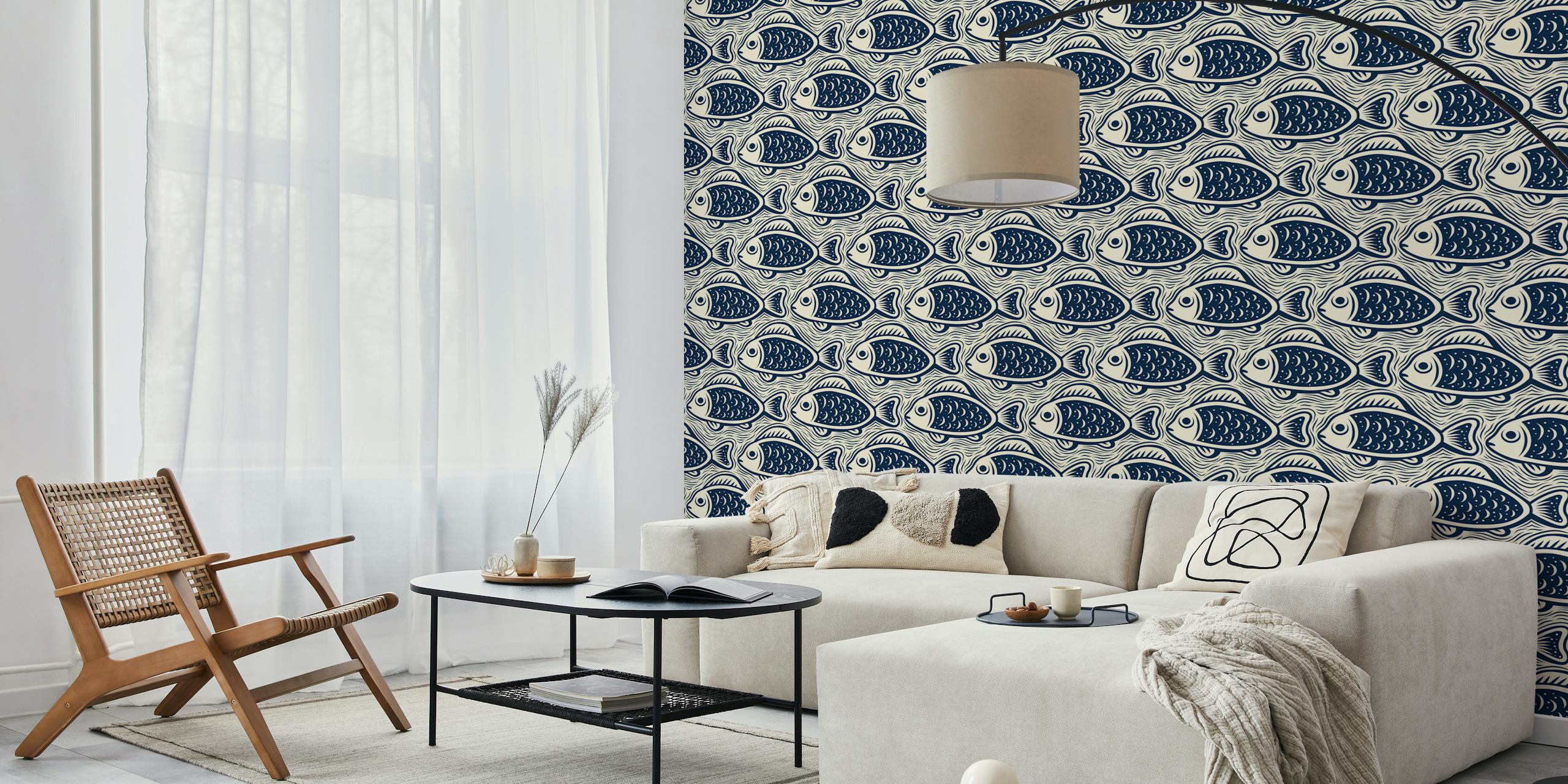 Ταπετσαρία navy fish pattern σε ένα δωμάτιο