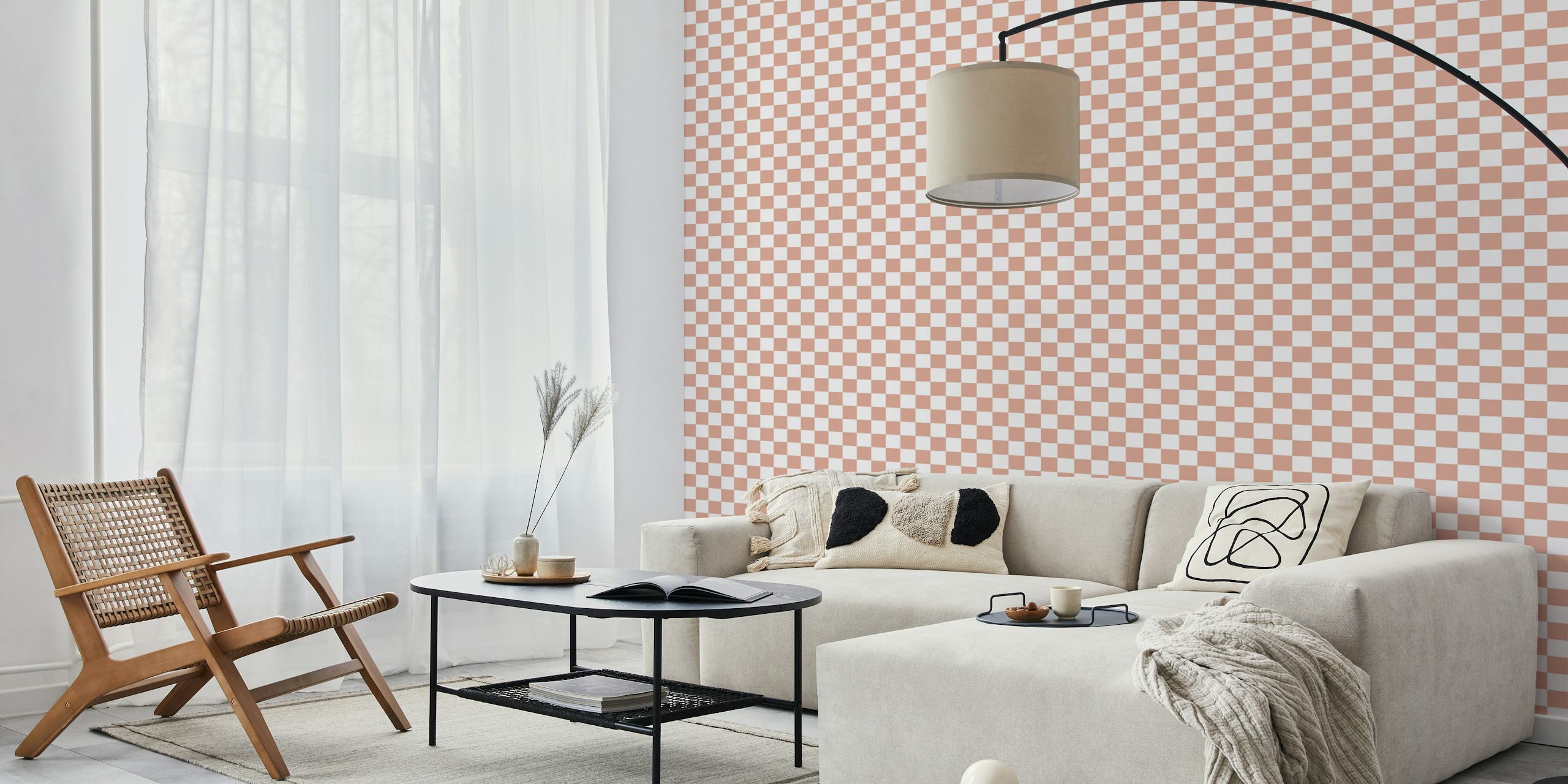 Peach and white checkered pattern wallpaper