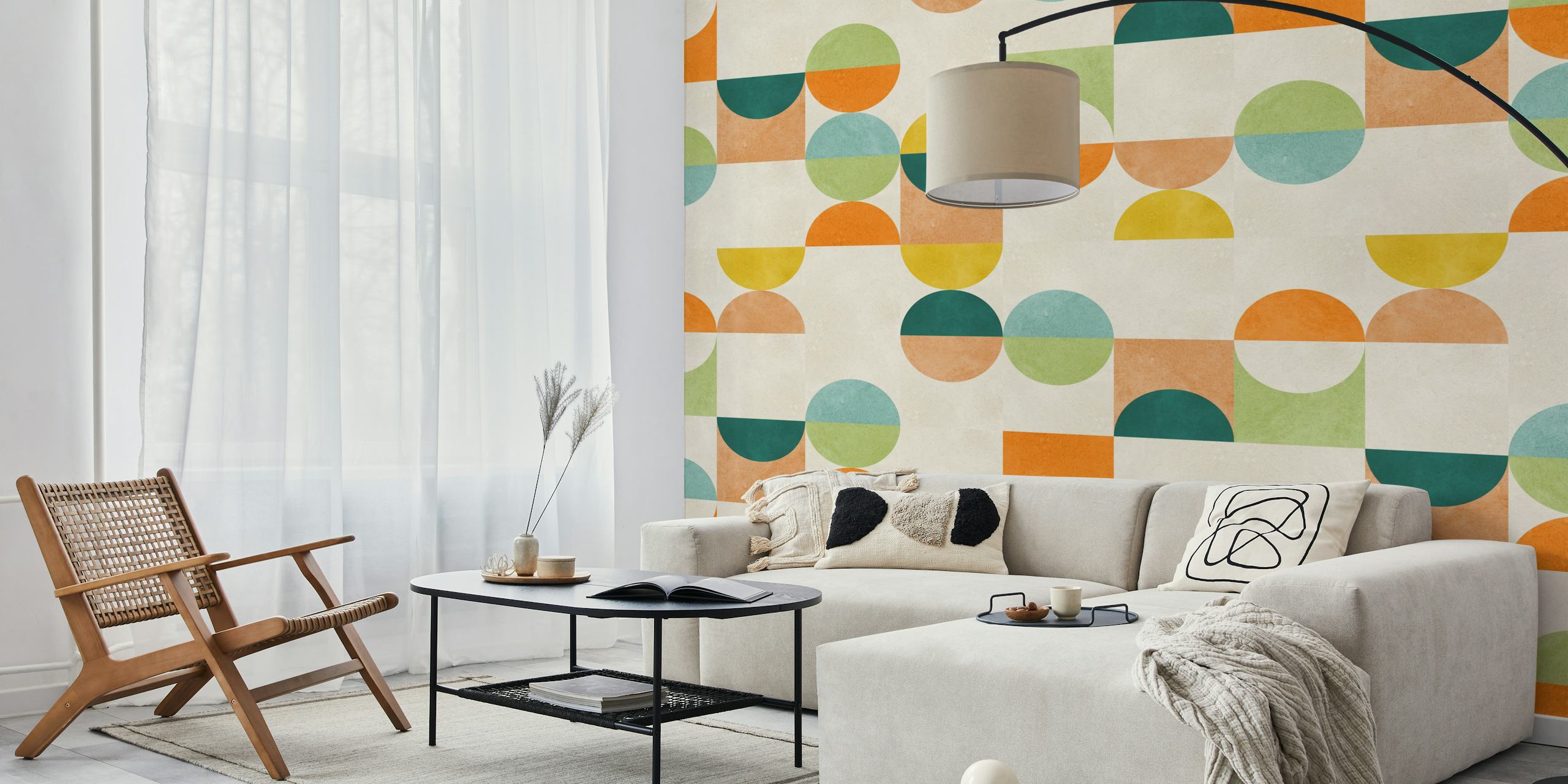 Colorful geometric circles in orange, teal, and green wallpaper