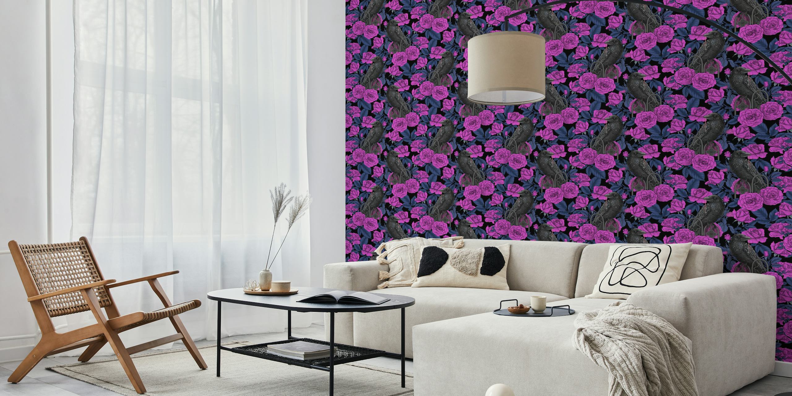 Ravens with pink roses and dark blue leaves wallpaper