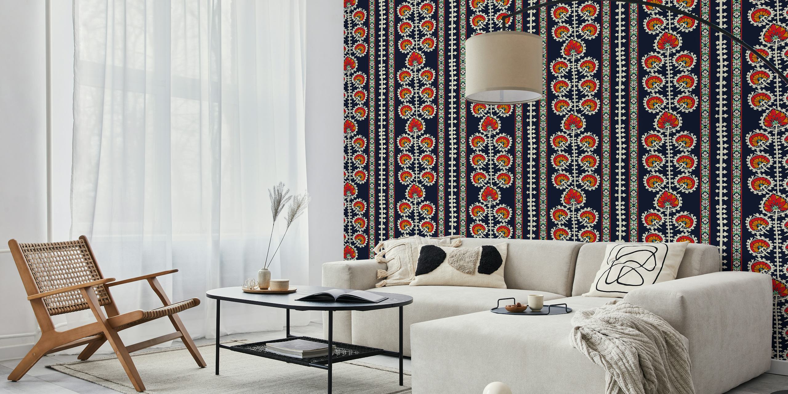 Vibrant Suzani-style peacock tail wall mural on a dark background