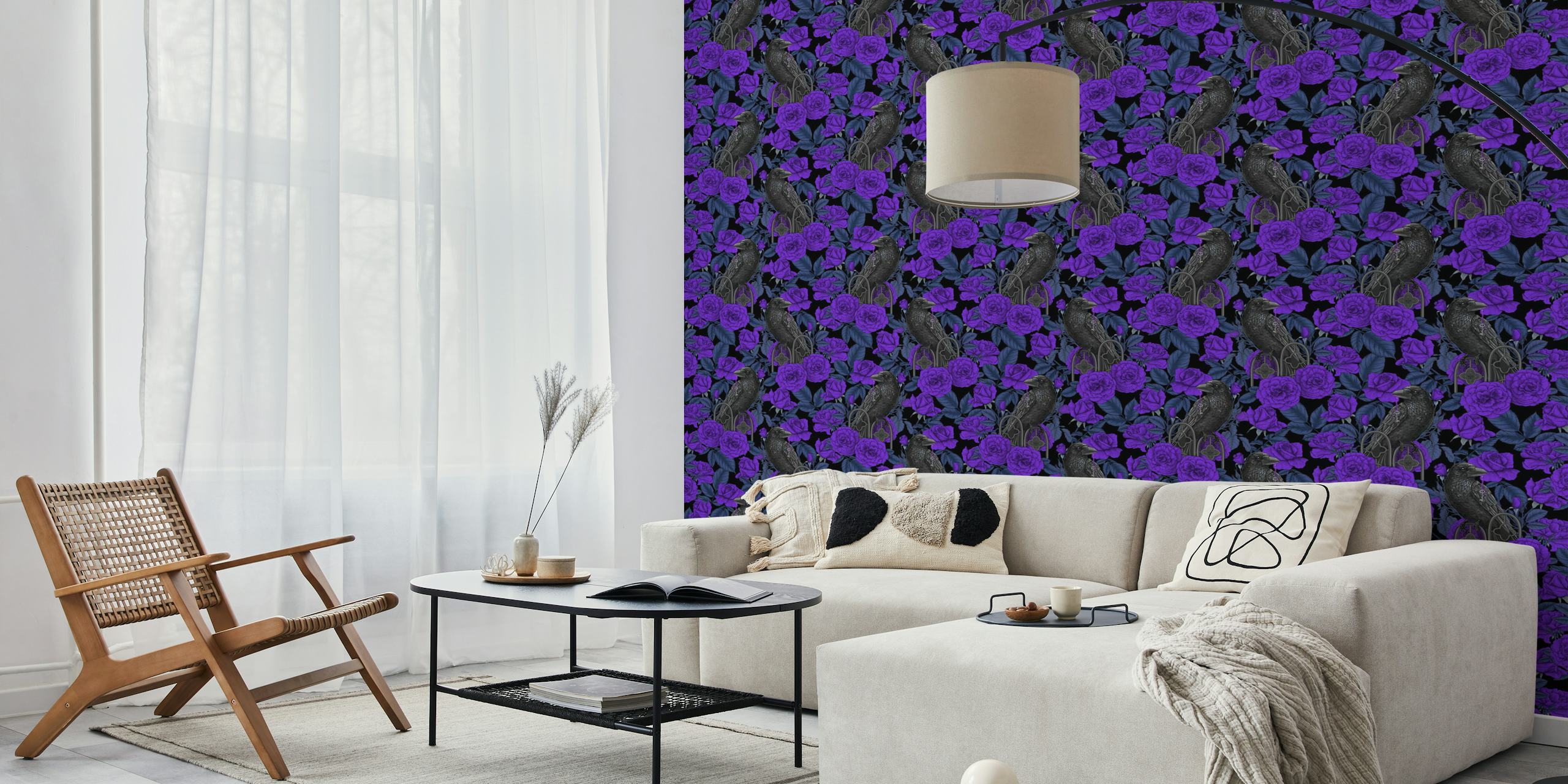 Purple roses and black raven with foliage wallpaper