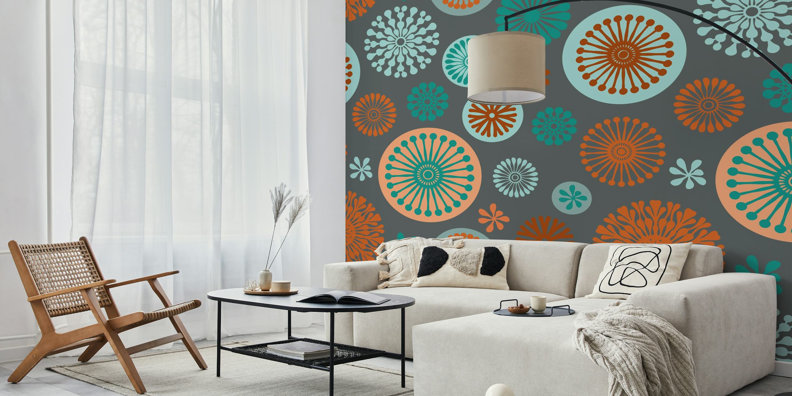 Retro vibe stylized flowers wallpaper in a room