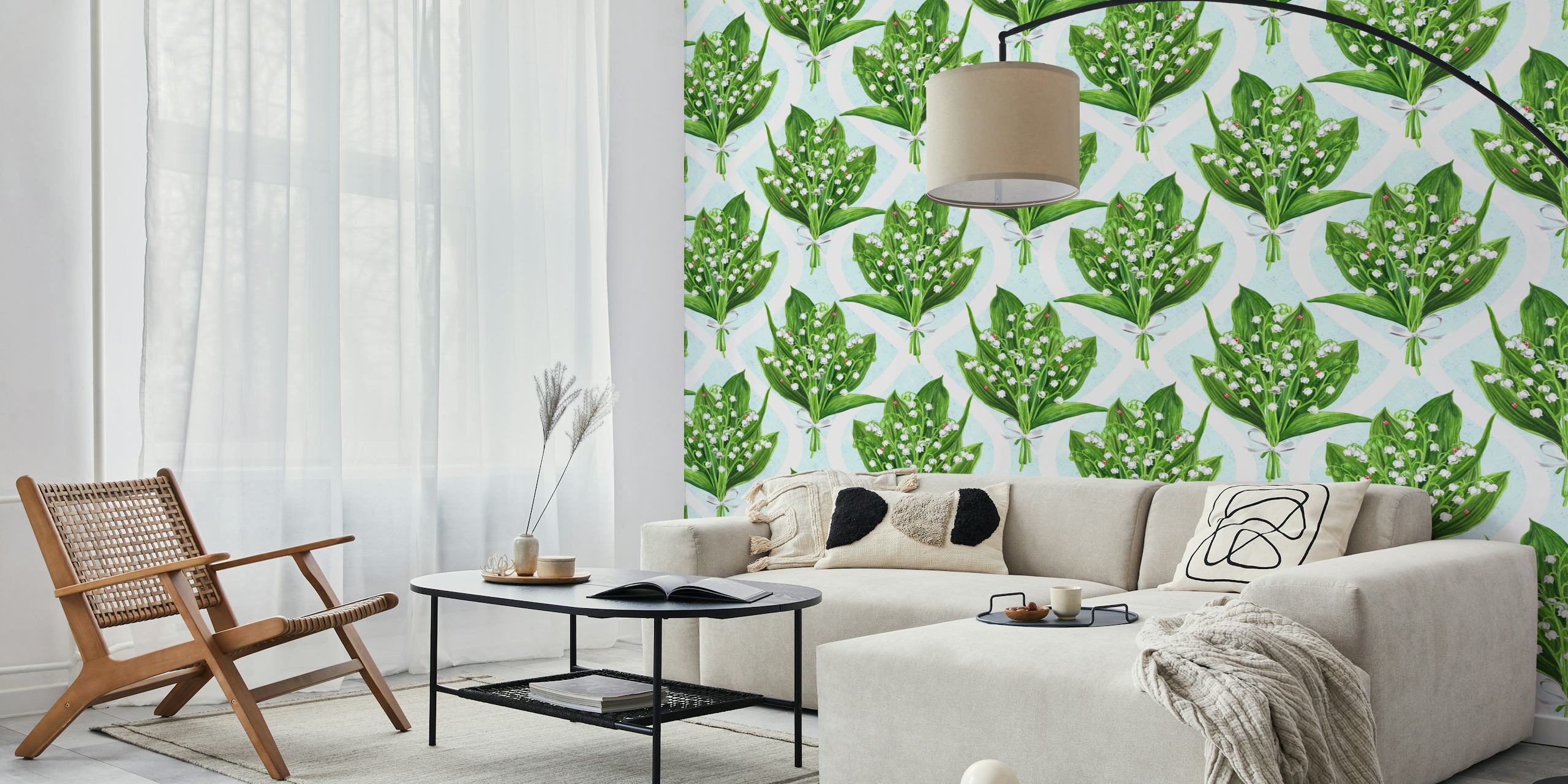 Bouquet of lily of the valley wall mural on a blue background