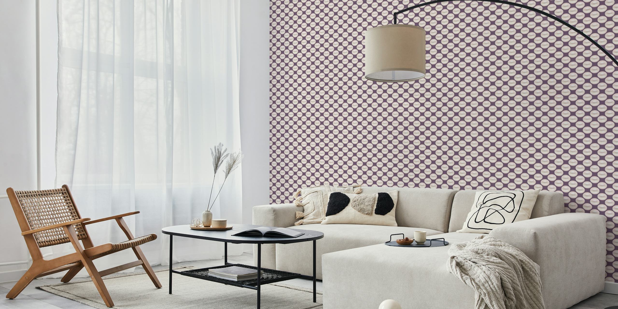 Purple background with white pearl polka dots wallpaper