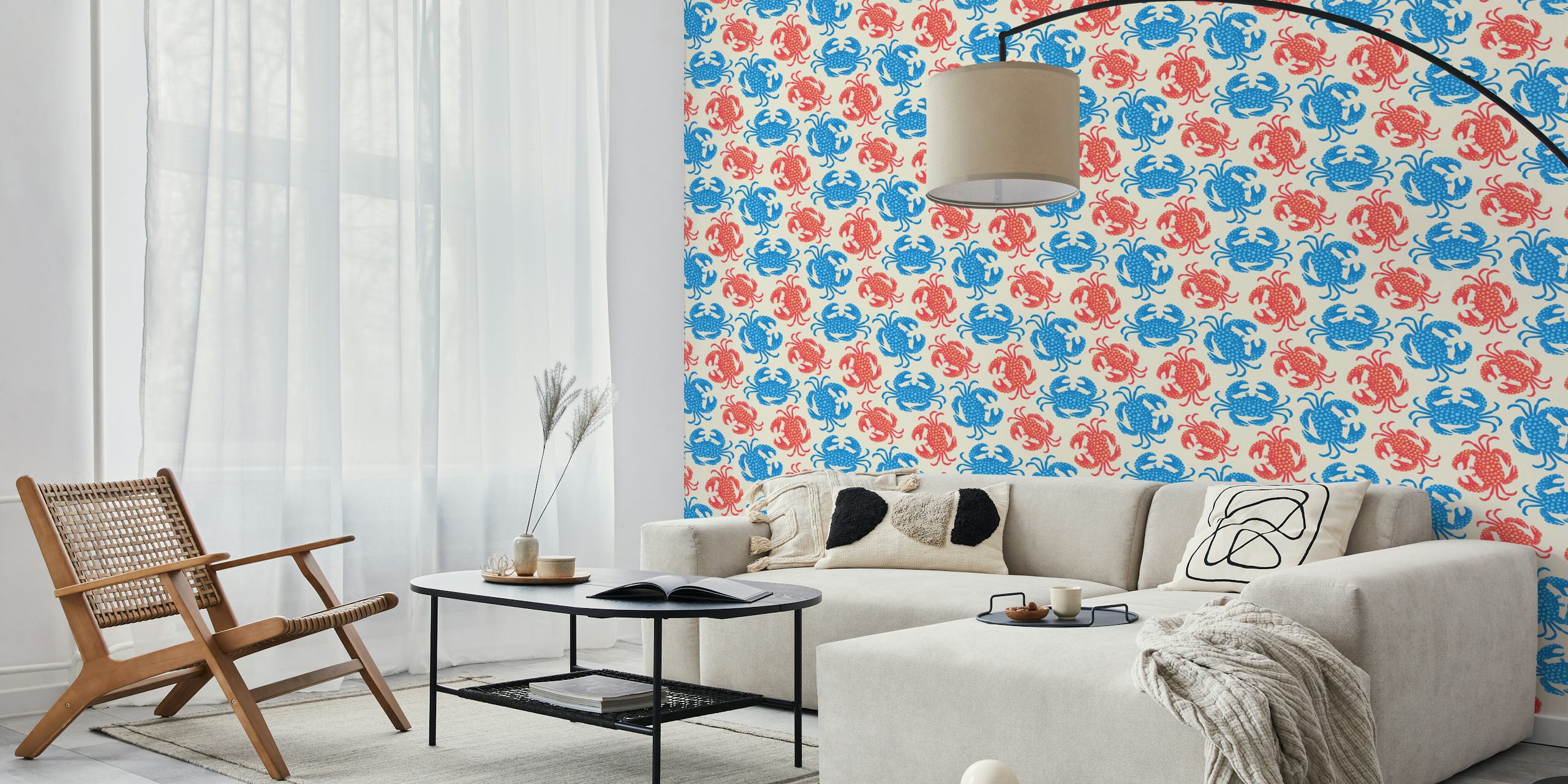 Colorful blue and red crabs on cream background wallpaper