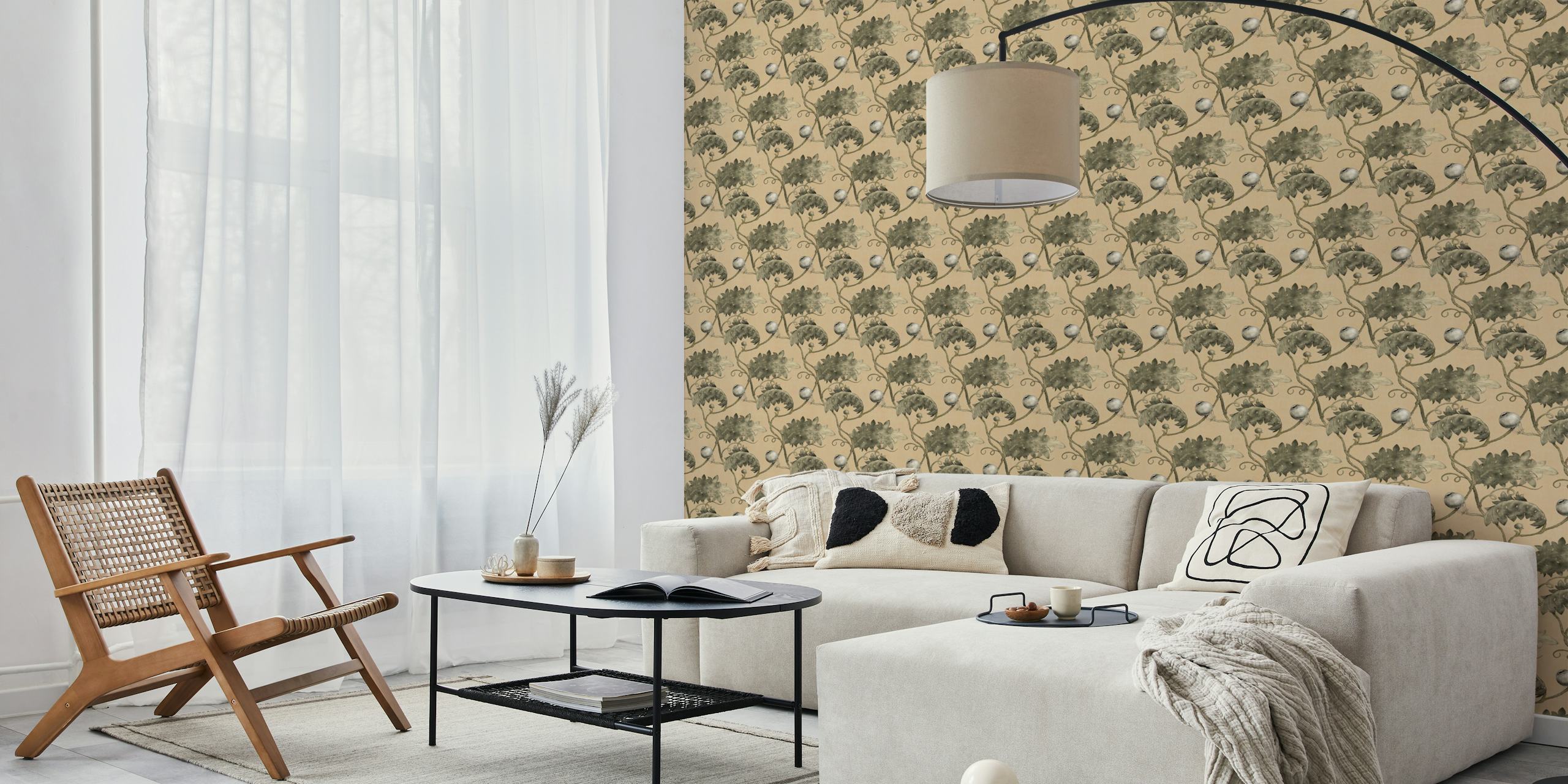 Beige floral wallpaper with bird motifs and leafy patterns