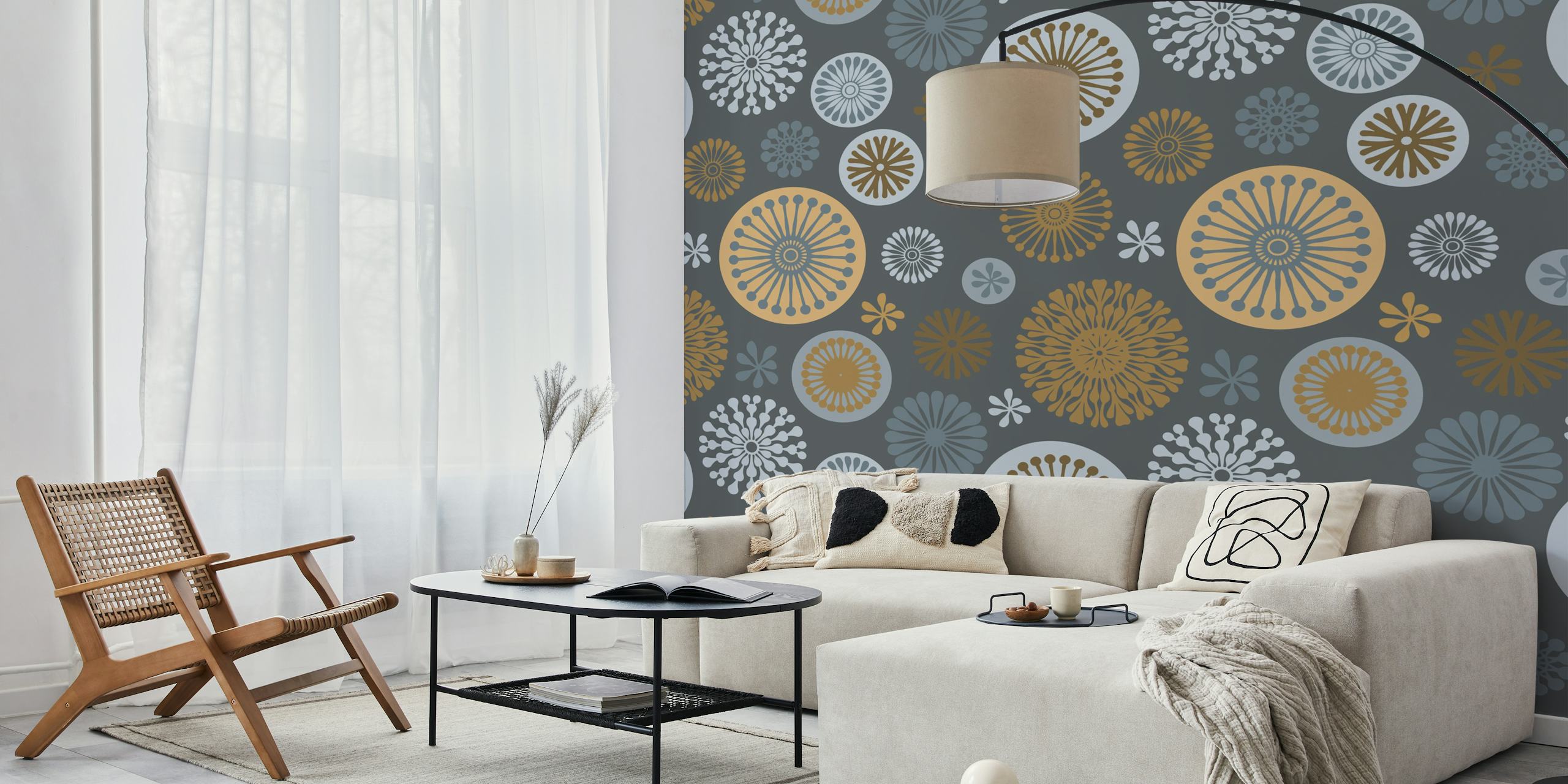 Retro Vibe Stylized Flowers Tapete in einem Raum