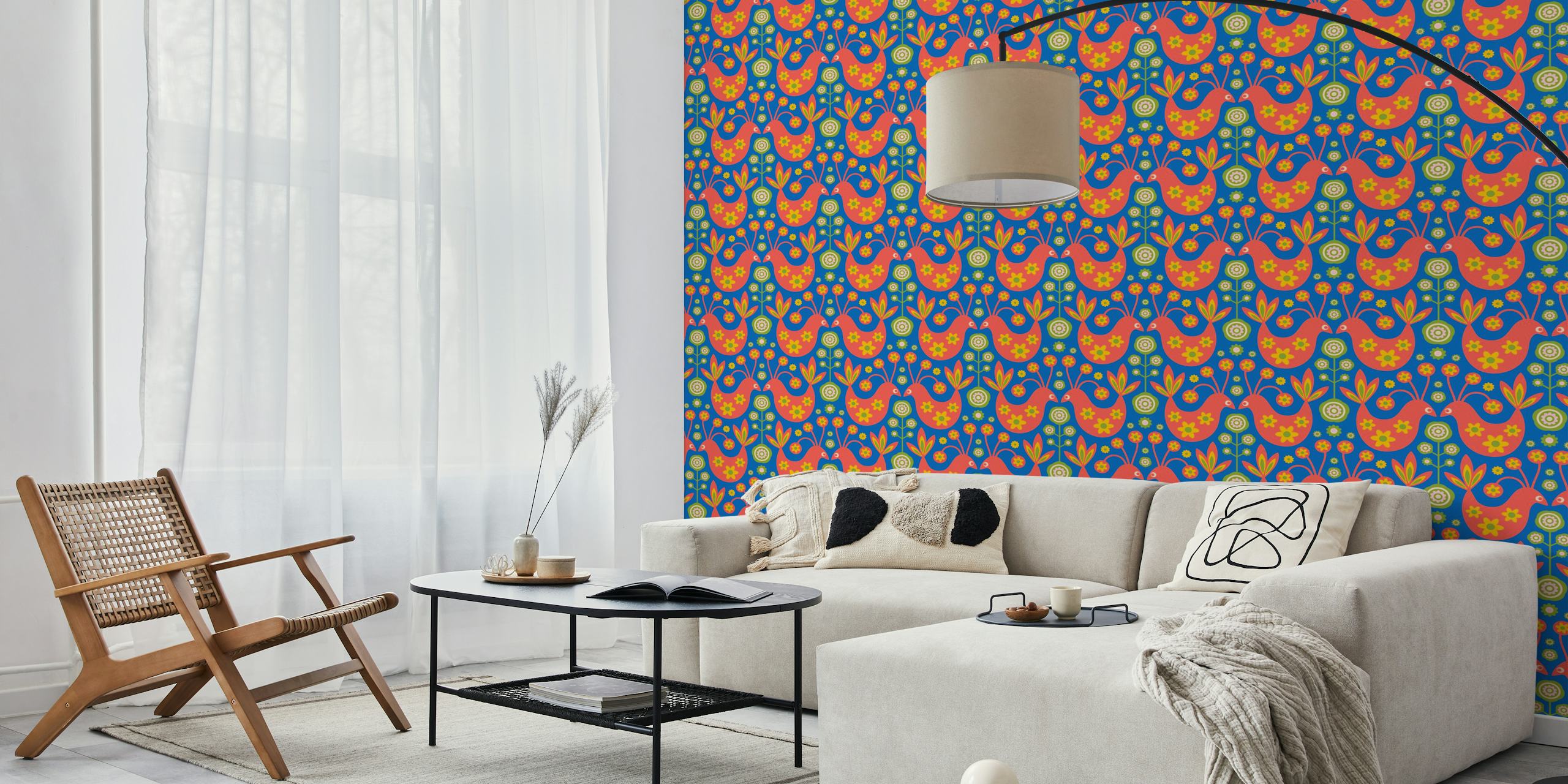 Love Ptaki Retro Scandi Kwiatowa Fototapeta Z Motywami W Kolorze Czerwonym I Królewskim Błękicie