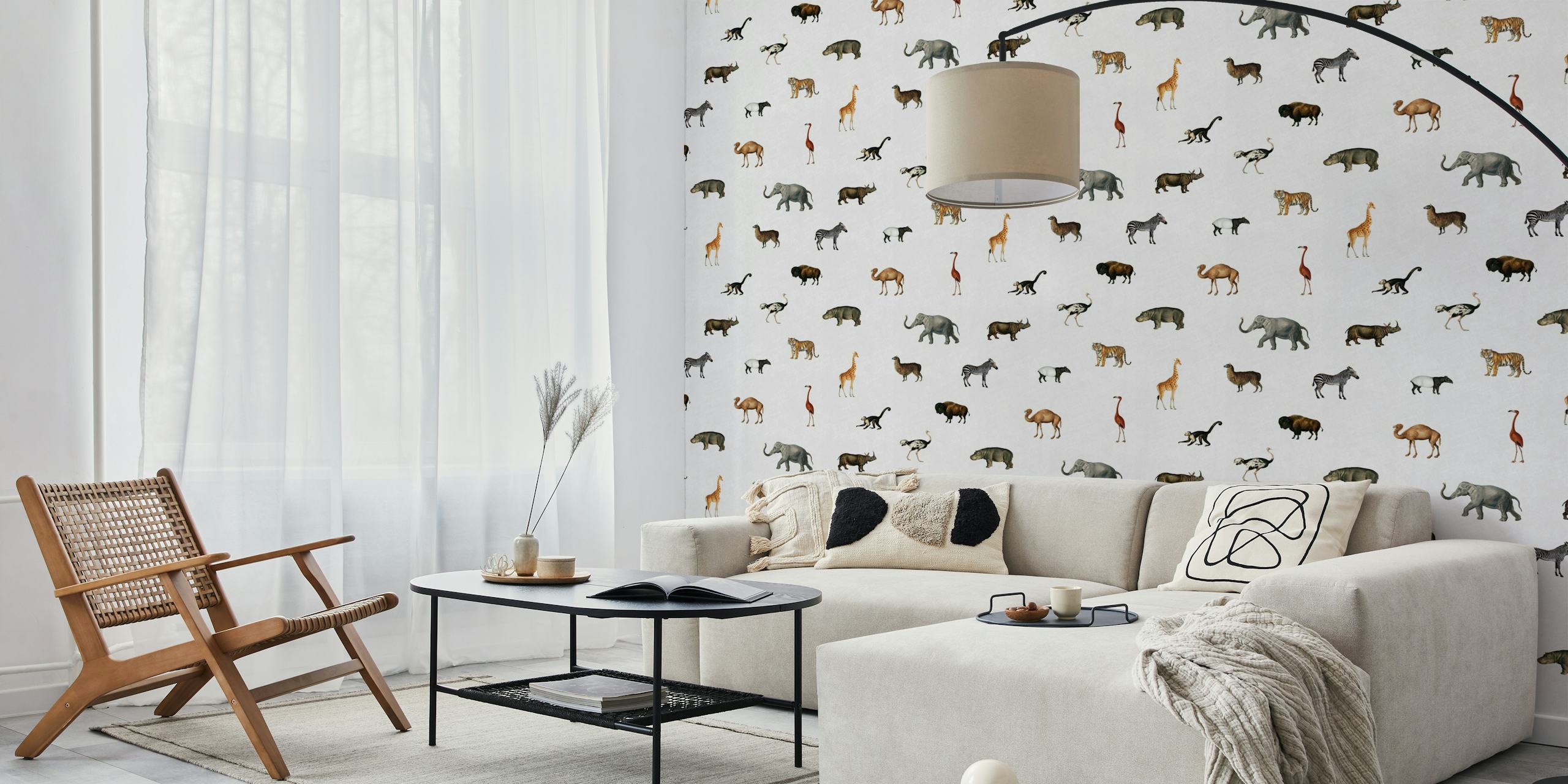 Various animals like elephants, tigers, and giraffes on soft white wallpaper