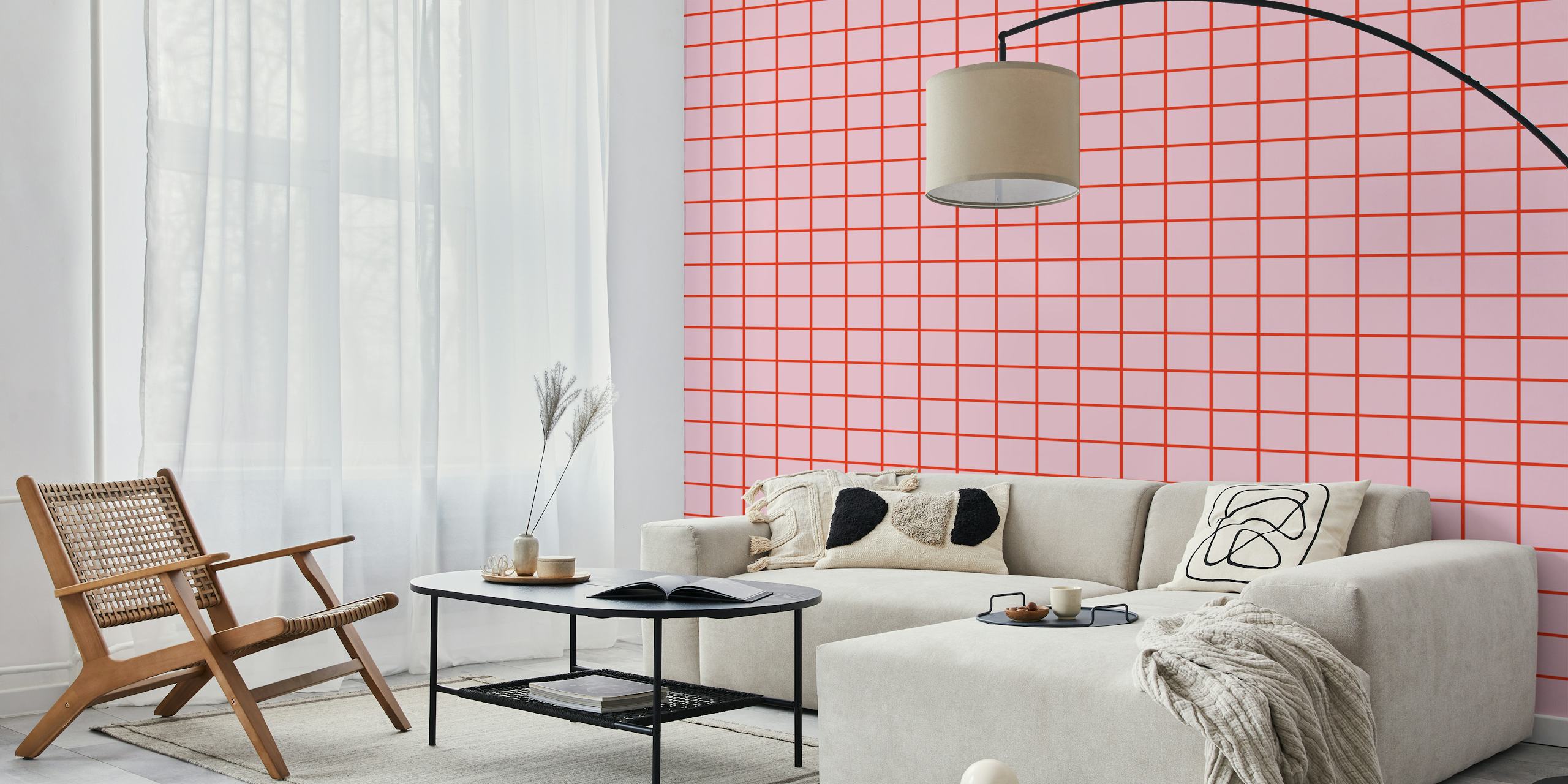 Red on pink grid wallpaper displayed in a room