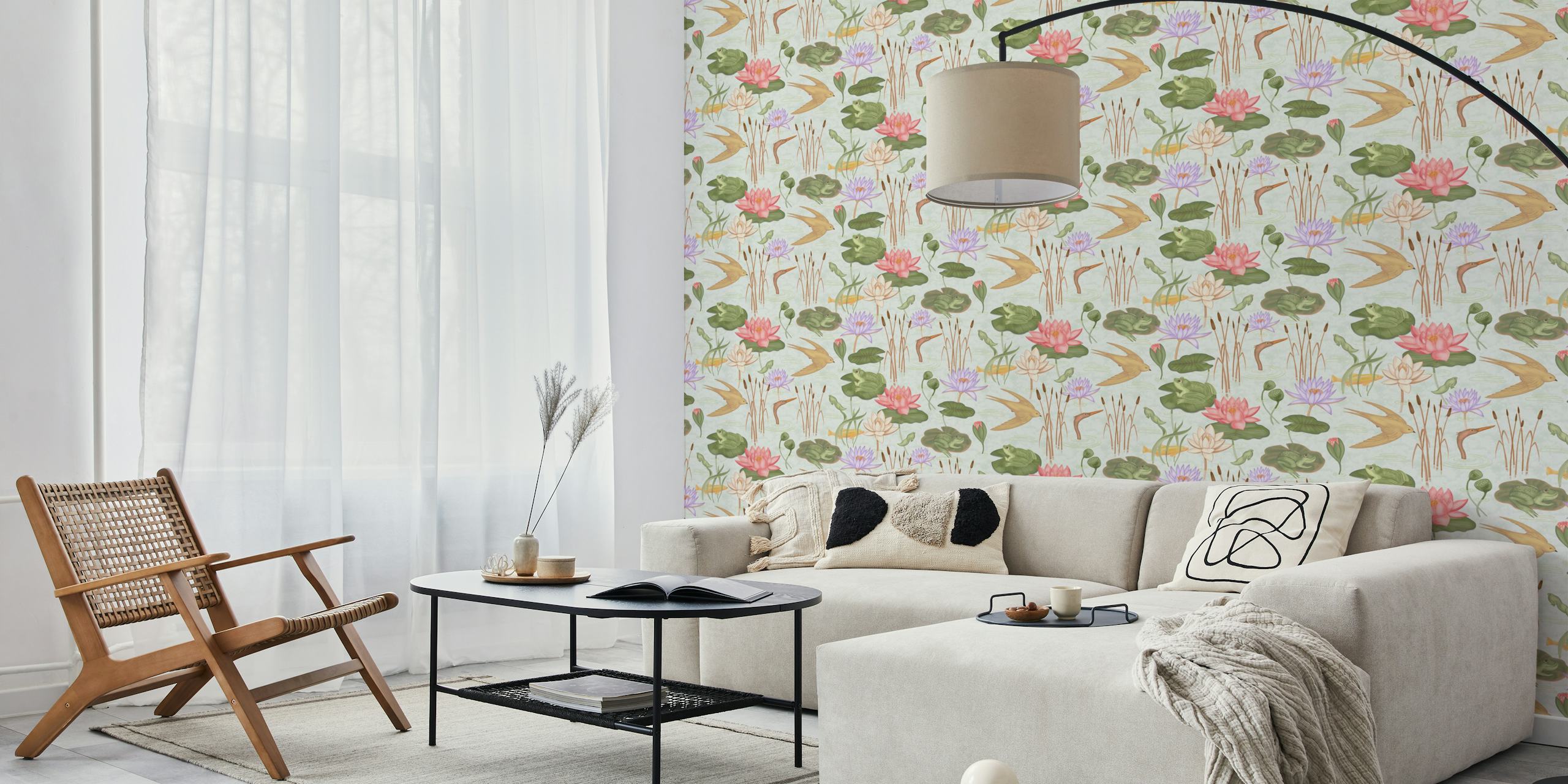 Frog and lotus illustrations in pastel colors wall mural