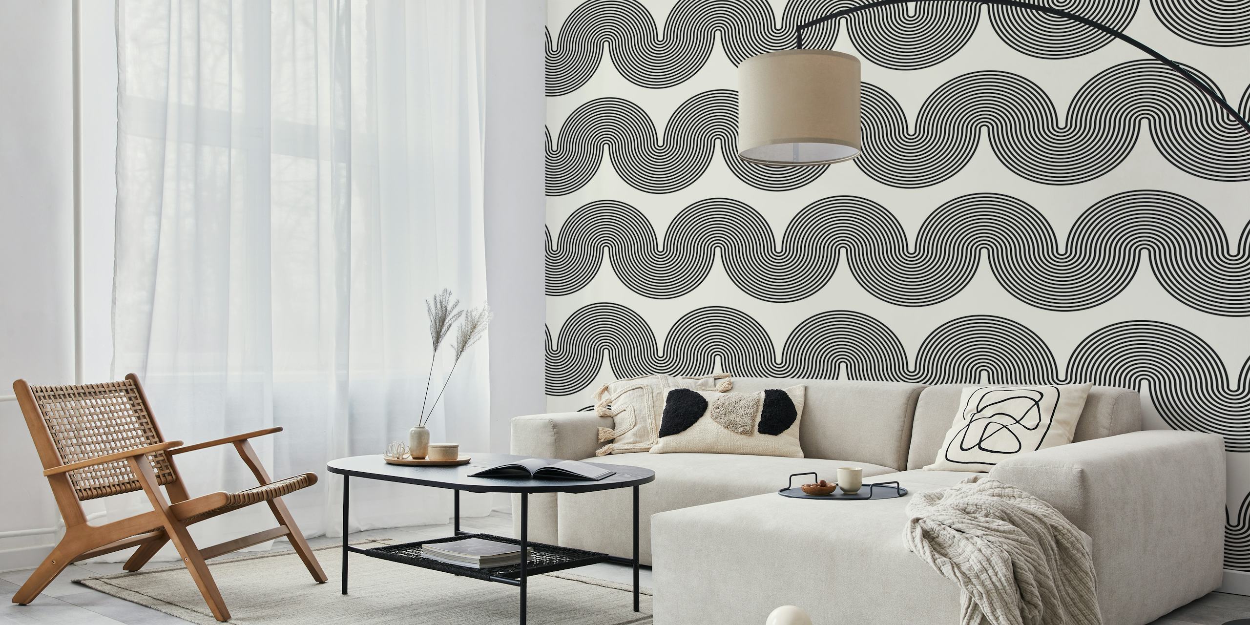 Black and white geometric patterned wallpaper featuring curved lines