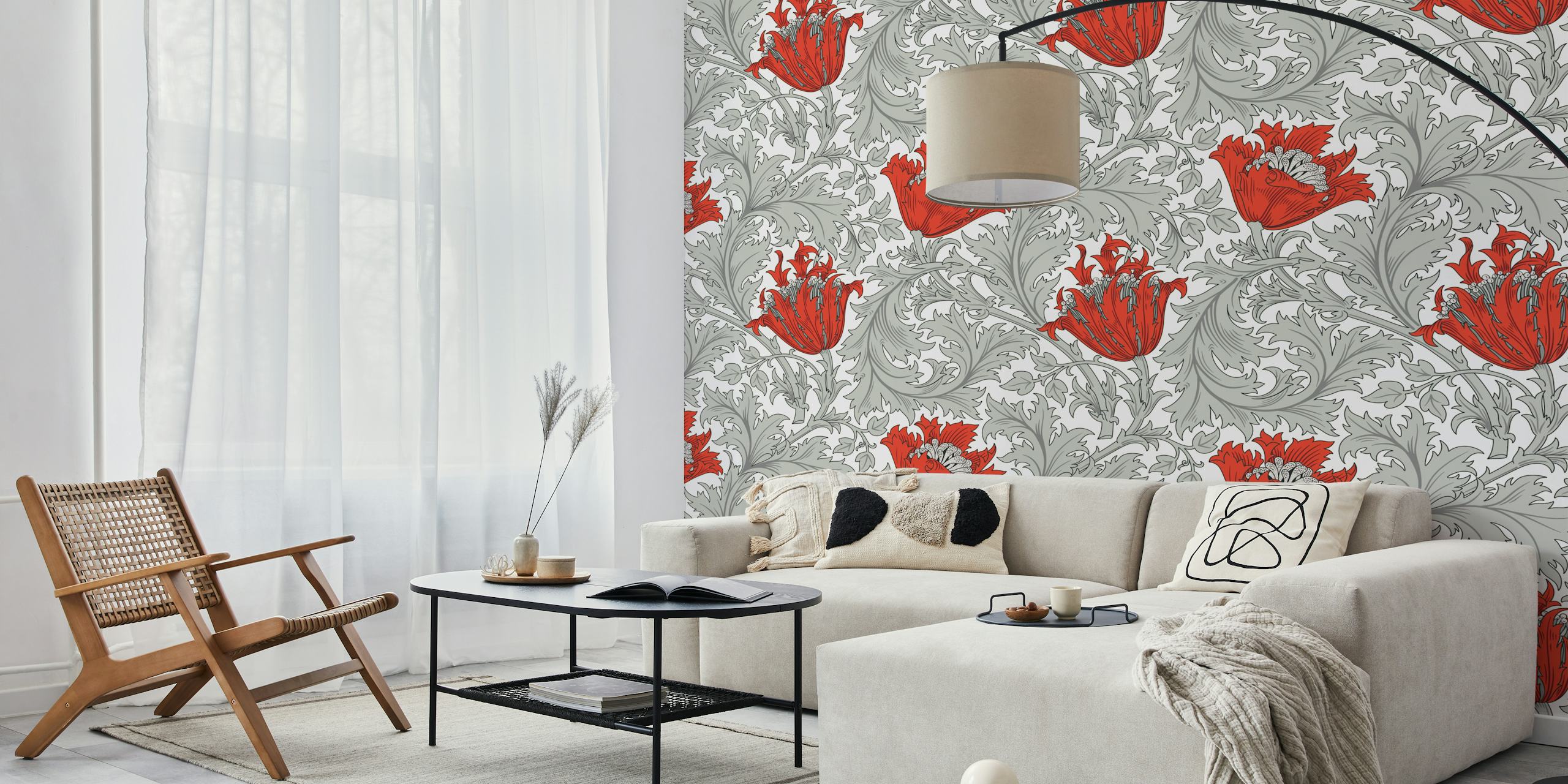 Fotomural Patrón de anémona victoriana 5 con flores rojas y hojas grises