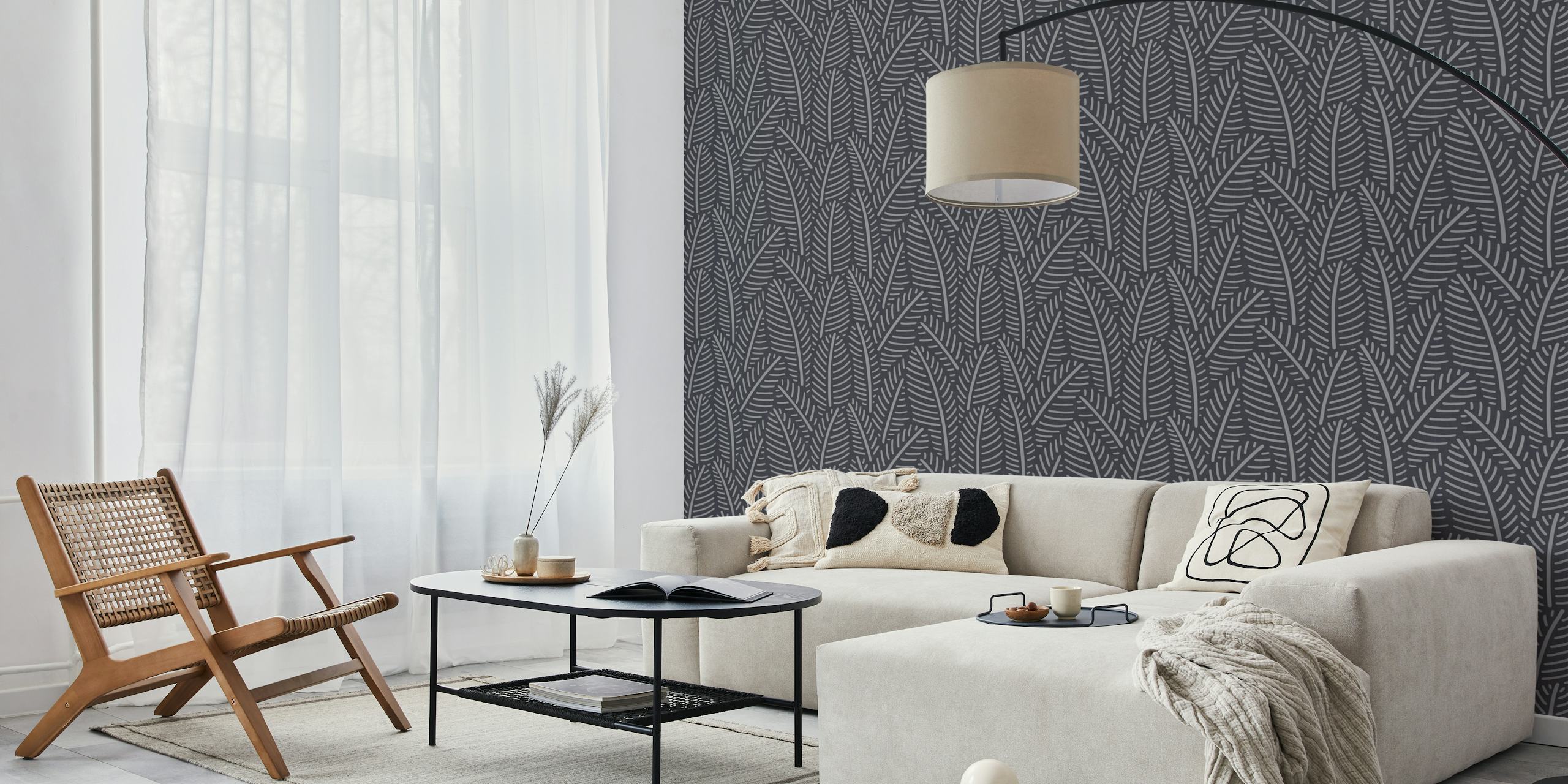 Black herringbone pattern with stylized leaves wall mural