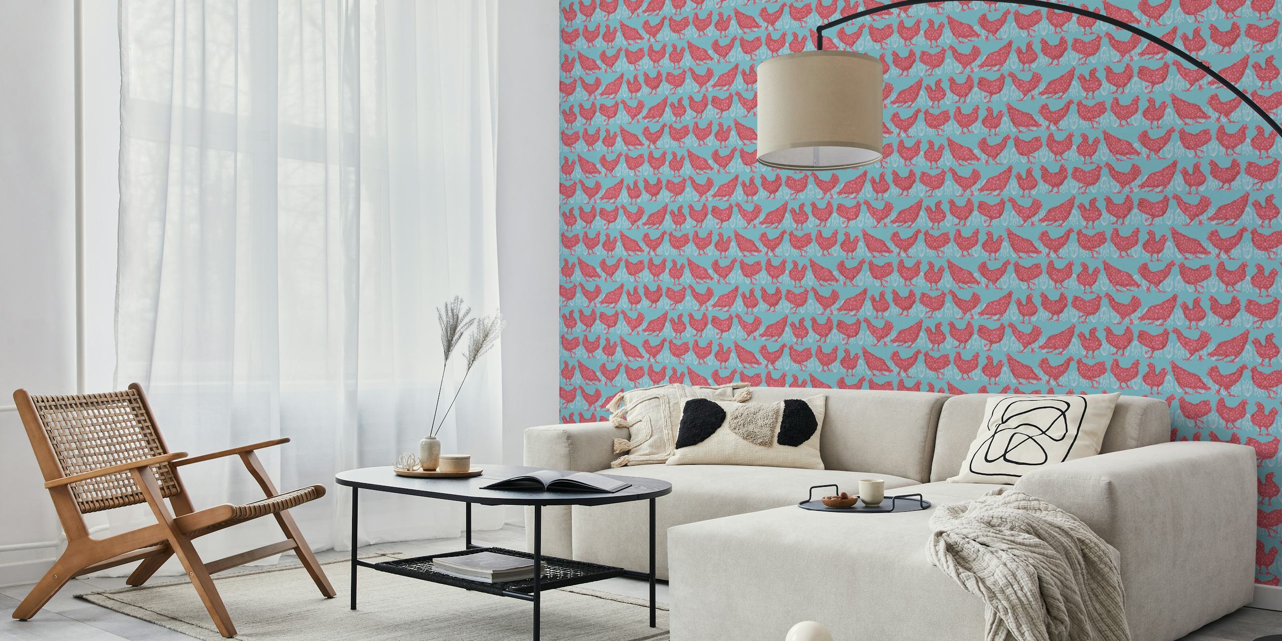 Pink chickens wallpaper in a room decor
