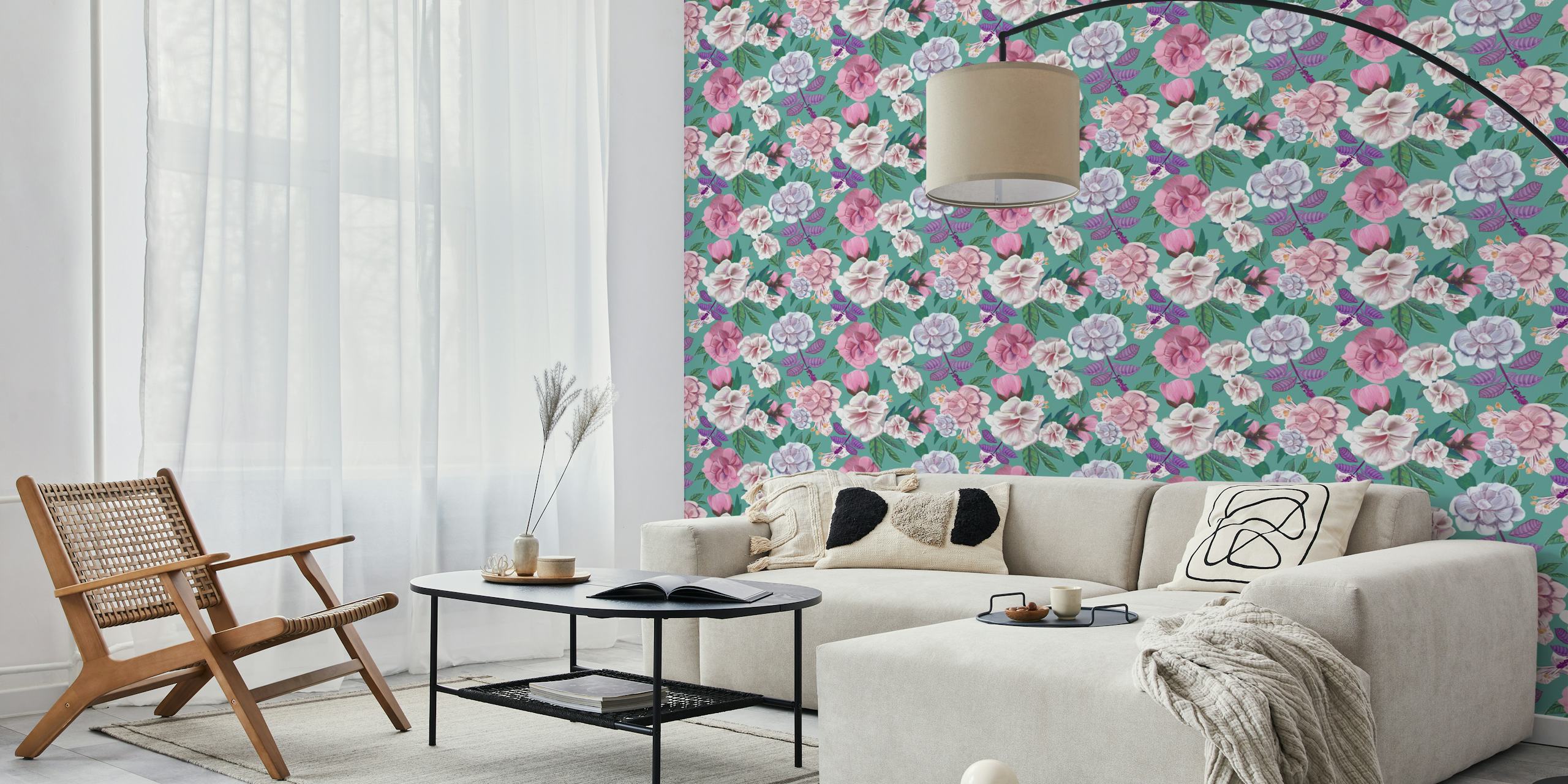 Basil Flowers and Roses Pattern wallpaper in a room
