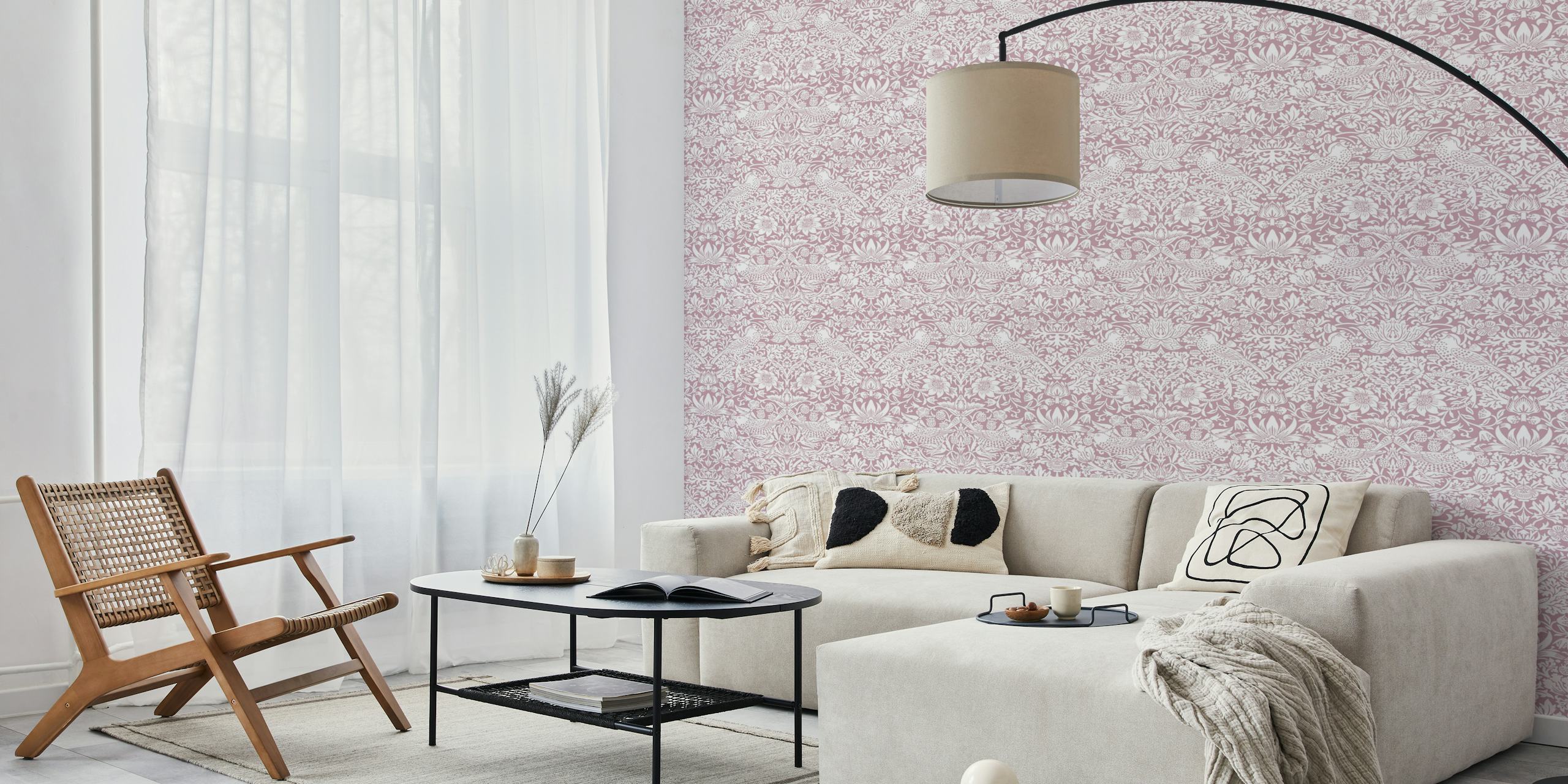 Pink floral wallpaper with white bird and plant patterns