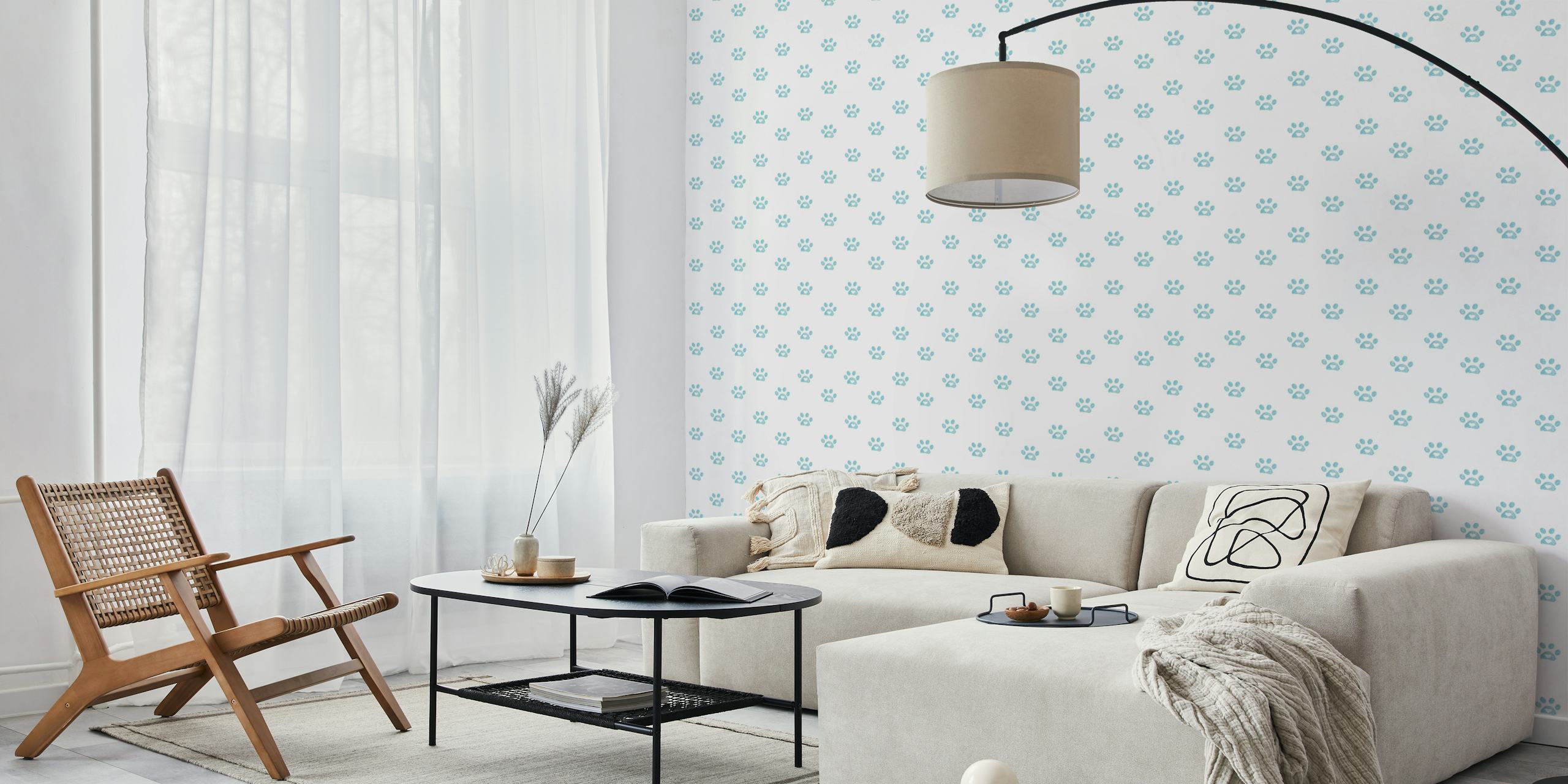 Cute blue paw prints with hearts on white wallpaper