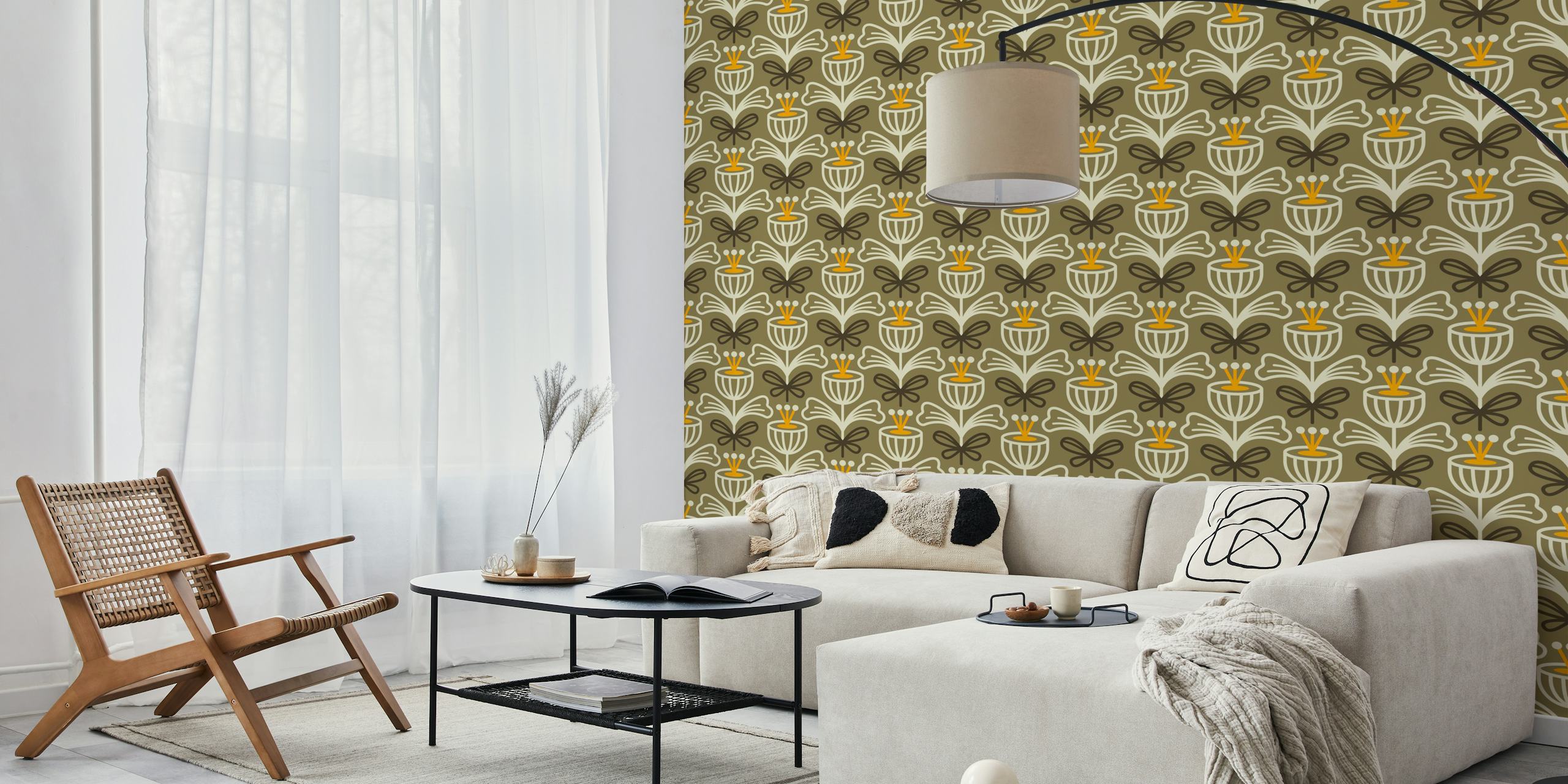 Line art floral pattern with brown, yellow, and cream colors wallpaper