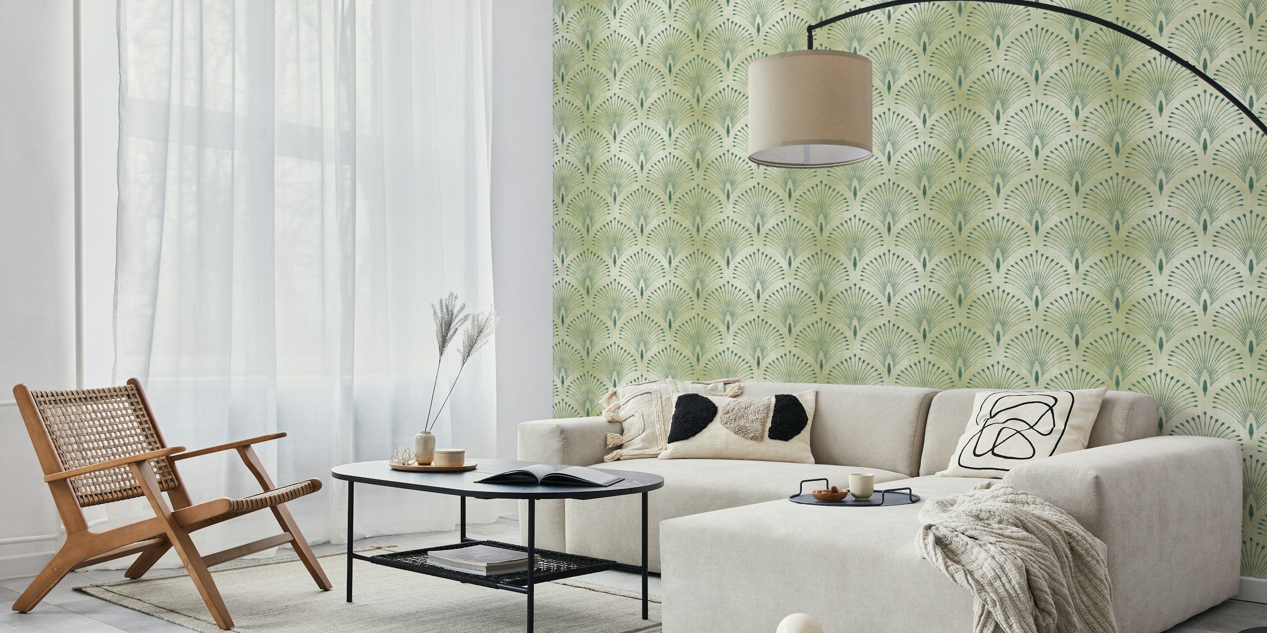 Geometric fan pattern in green on cream background wallpaper