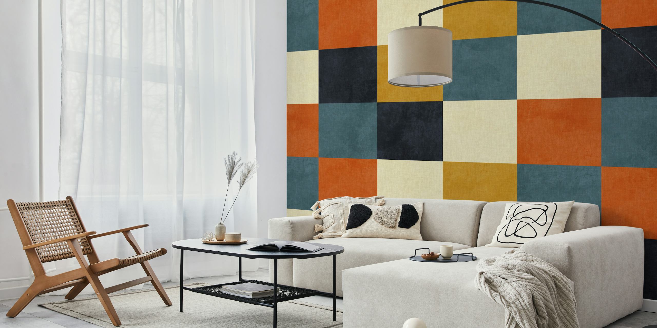 Mid-century checker geometry tapet i ett rum