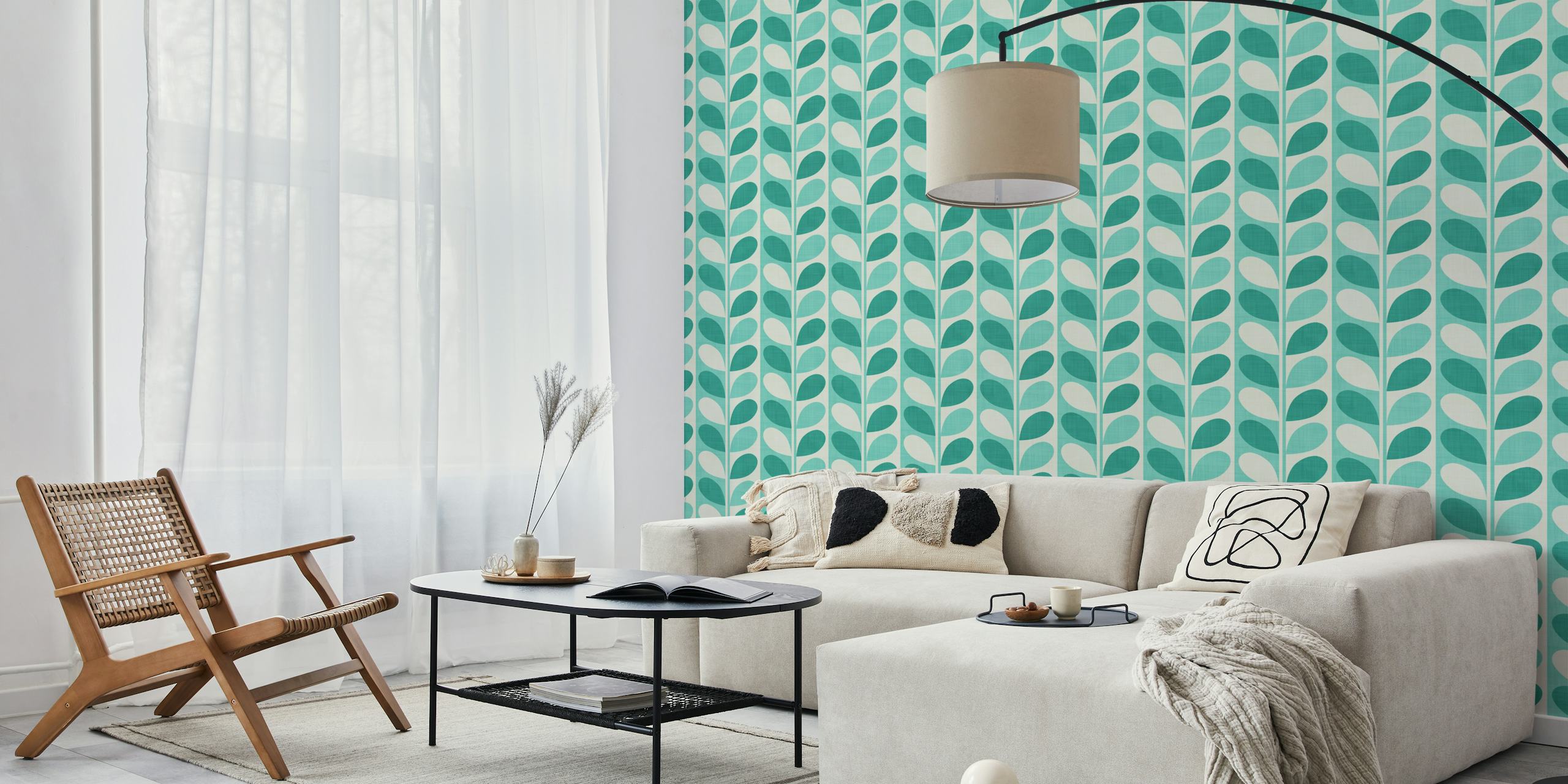 Midcentury modern leaf pattern in teal and mint green wallpaper