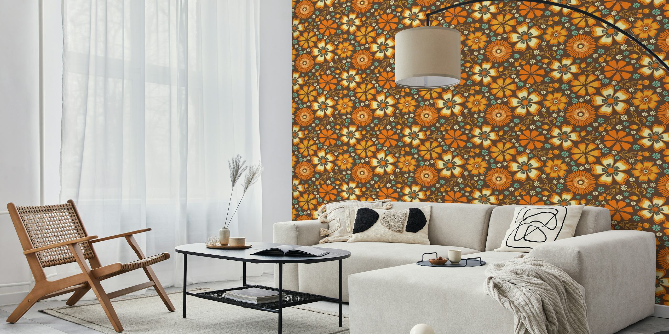 Retro floral pattern with orange, brown, and teal colors wallpaper