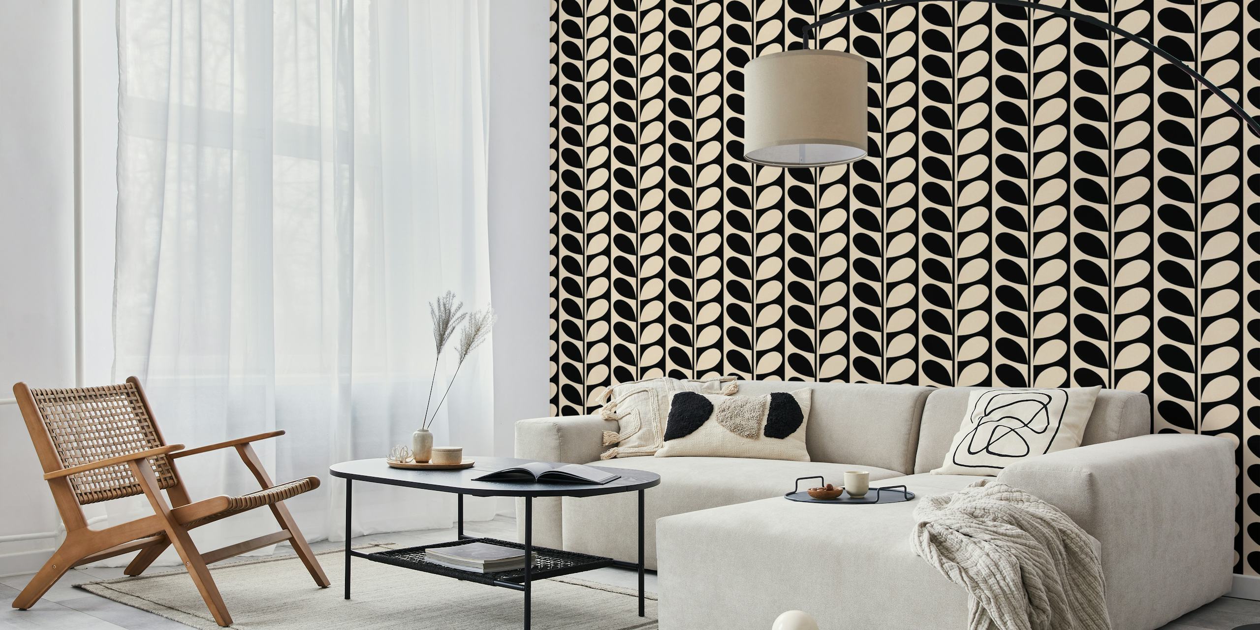 Vintage Geo Stripe Leaves behang in een kamer