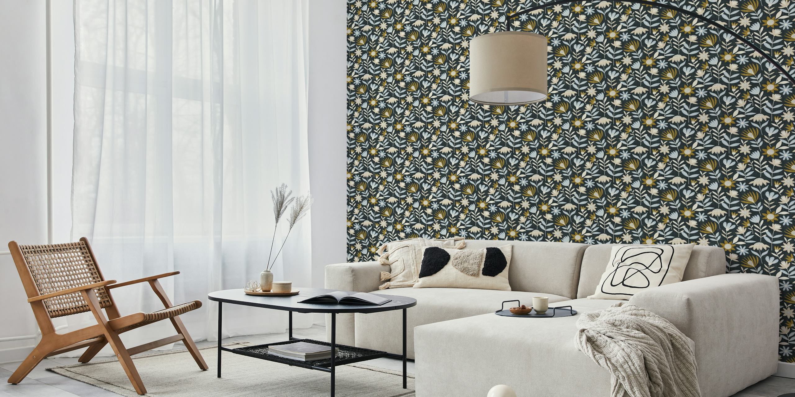 Stylish floral pattern with navy background and pastel flowers wallpaper