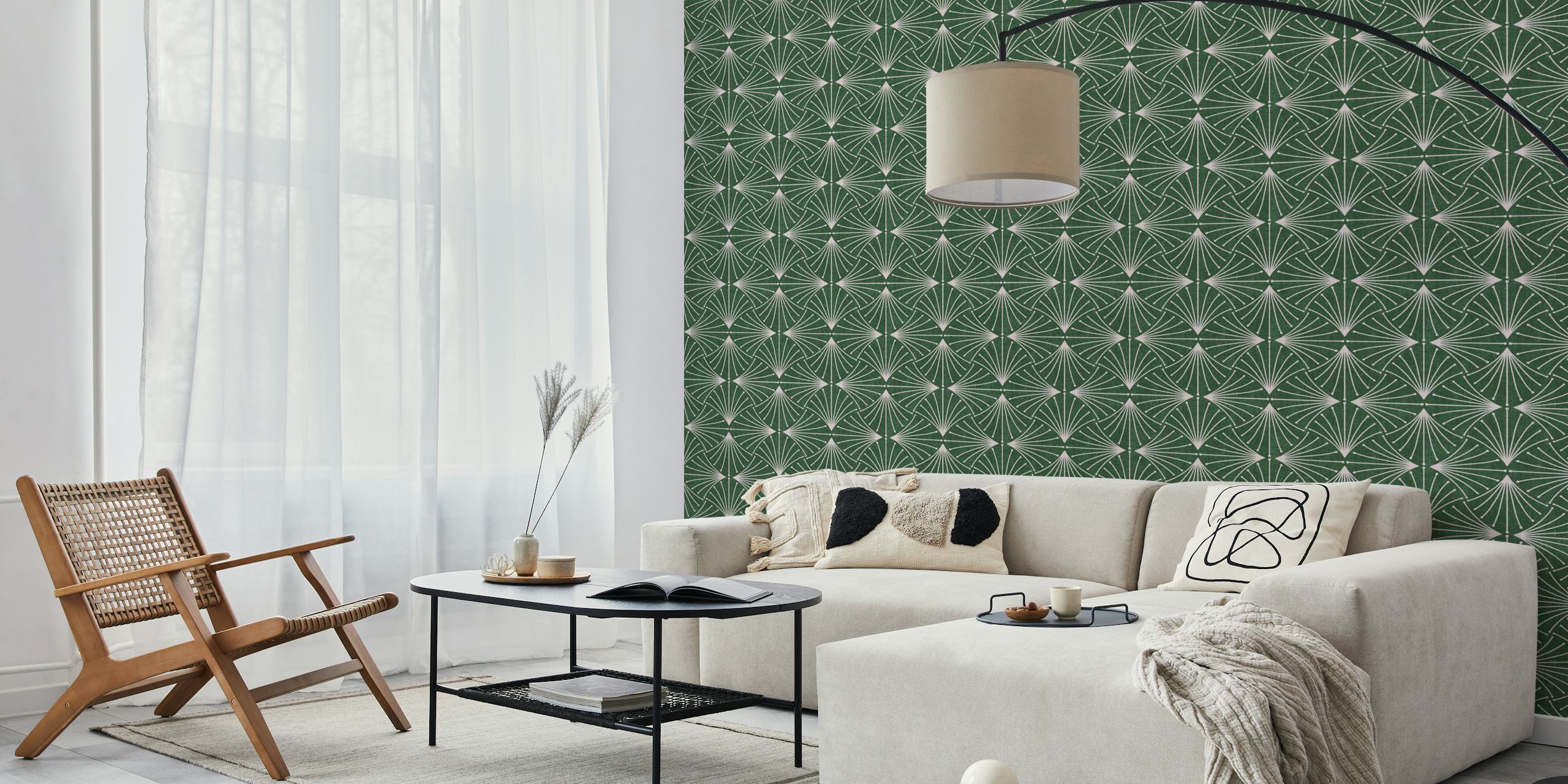 Floral design with white lines on a green background wallpaper