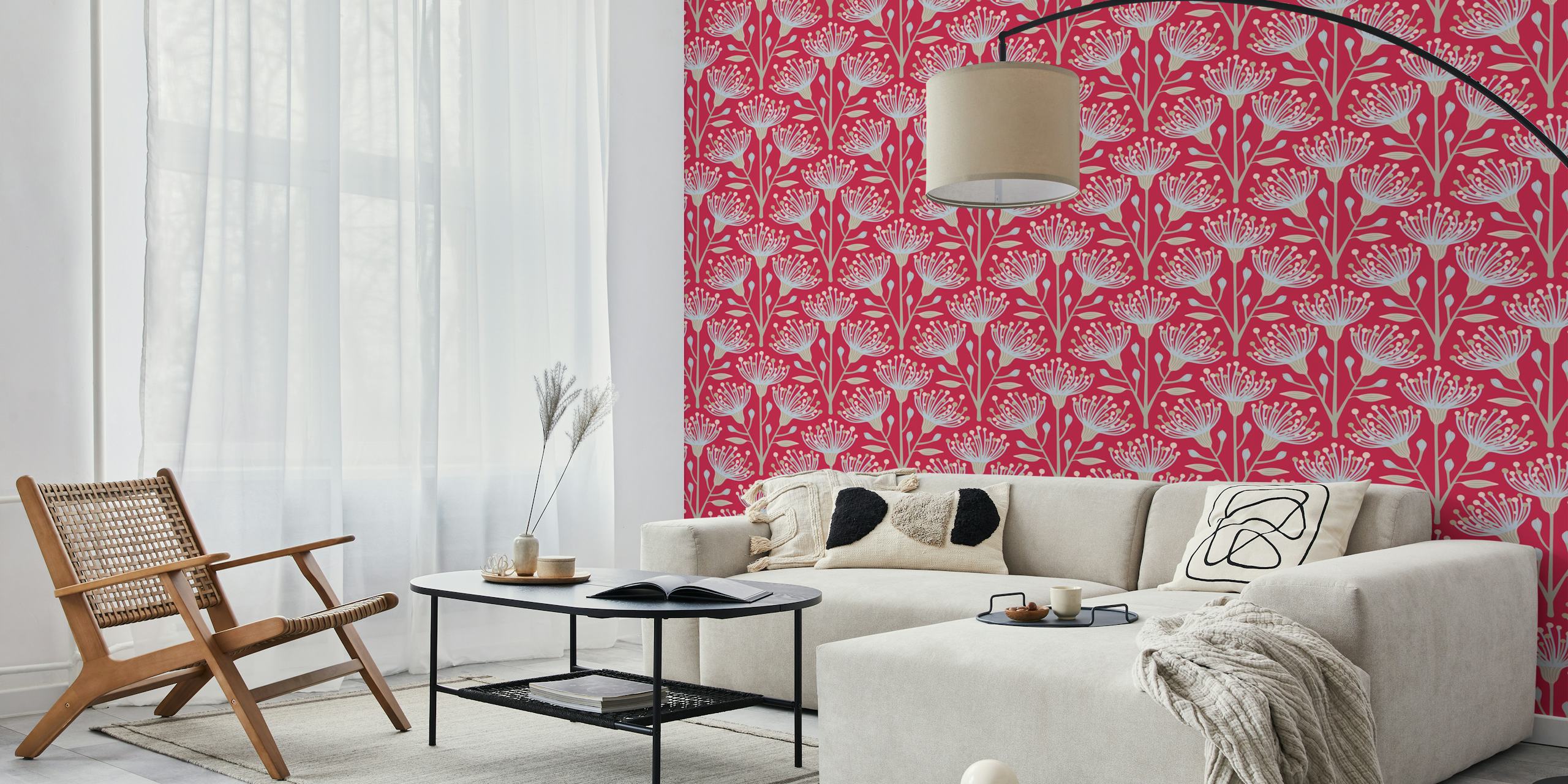Eucalyptus floral design with magenta background and decorative soft pastel flowers wallpaper
