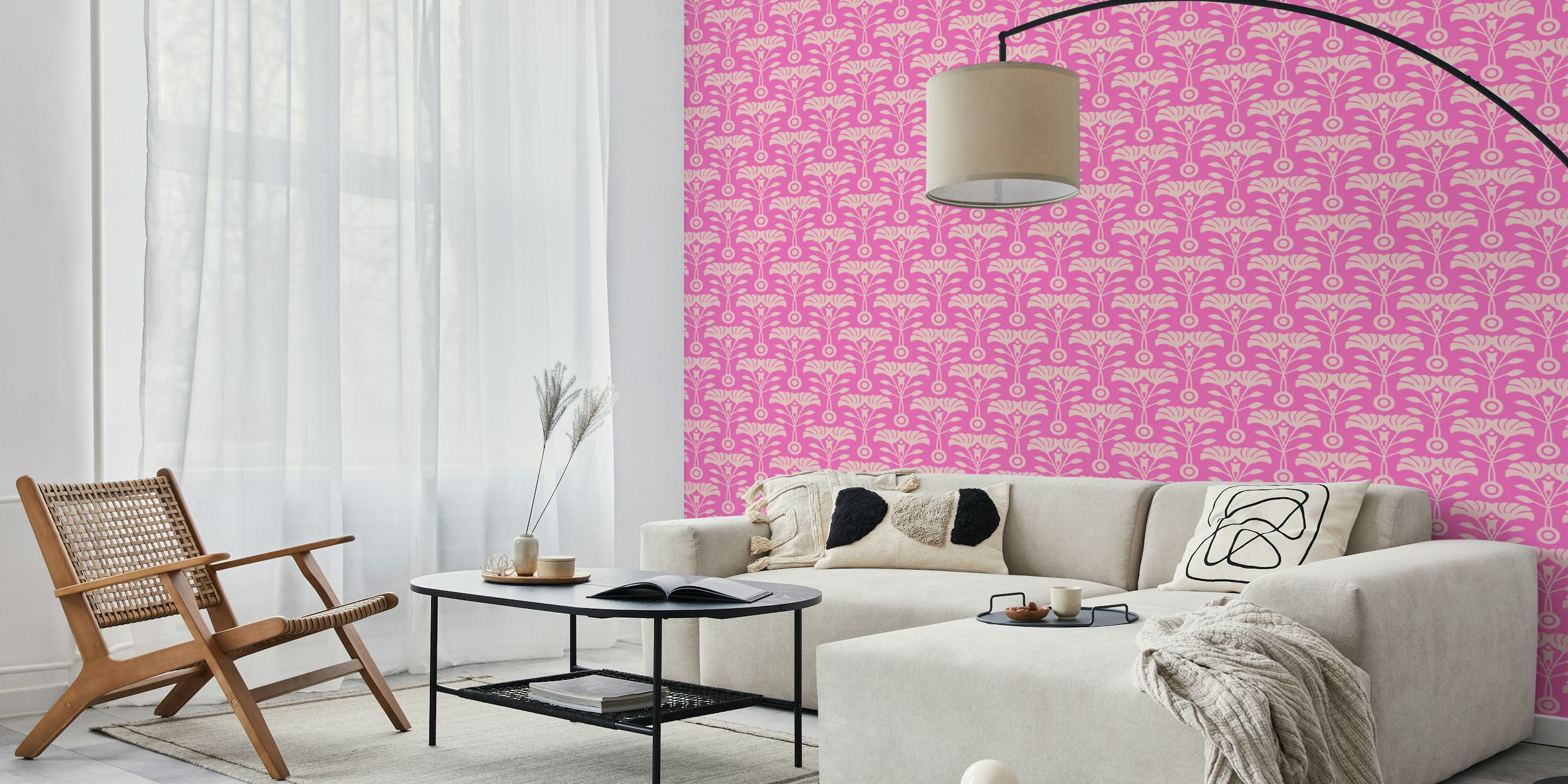 Mid-Century Floral Pink Wallpaper Ontwerp In Een Kamer