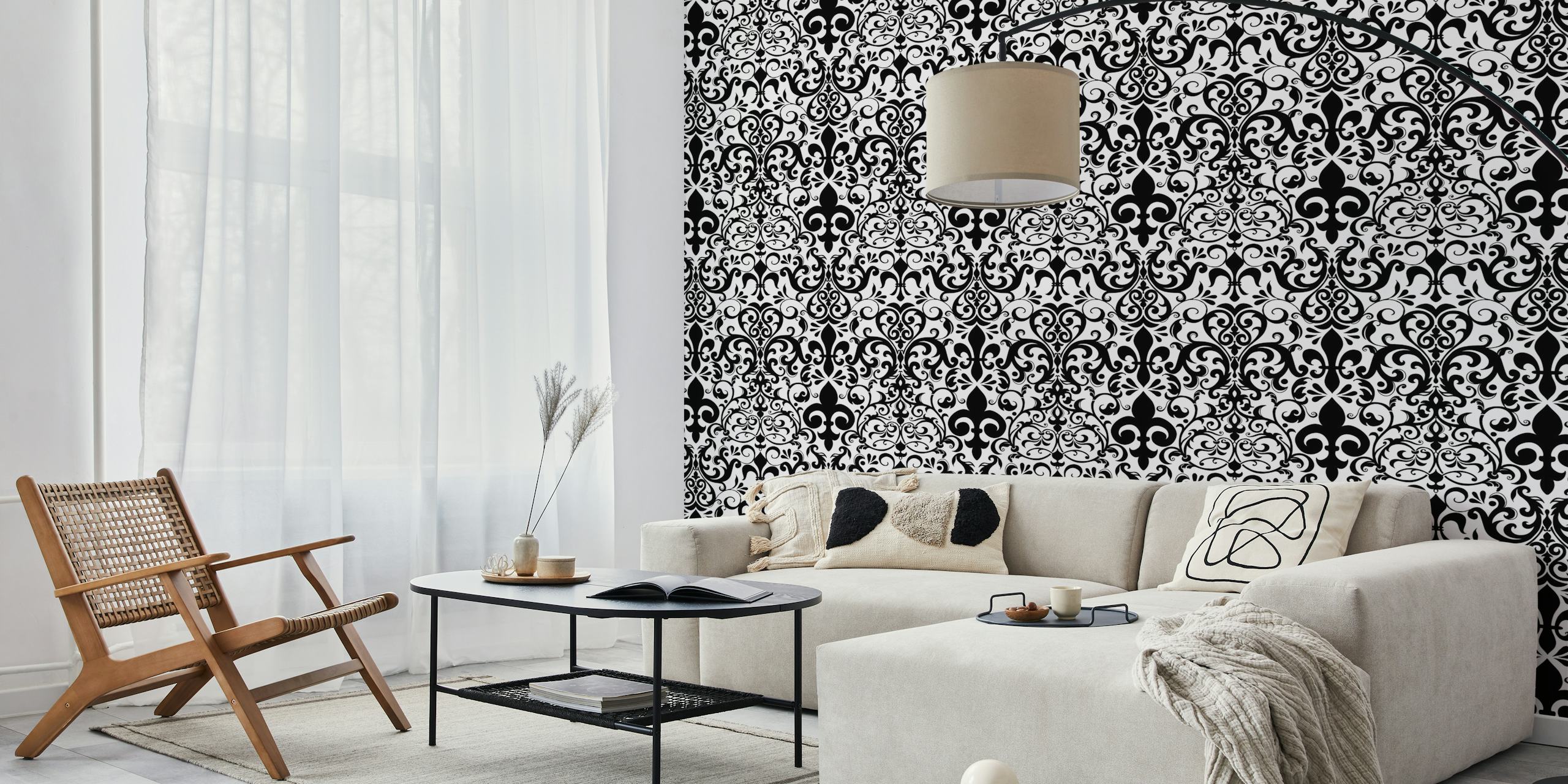Fleur de Lis Damask papel de parede preto e branco no quarto