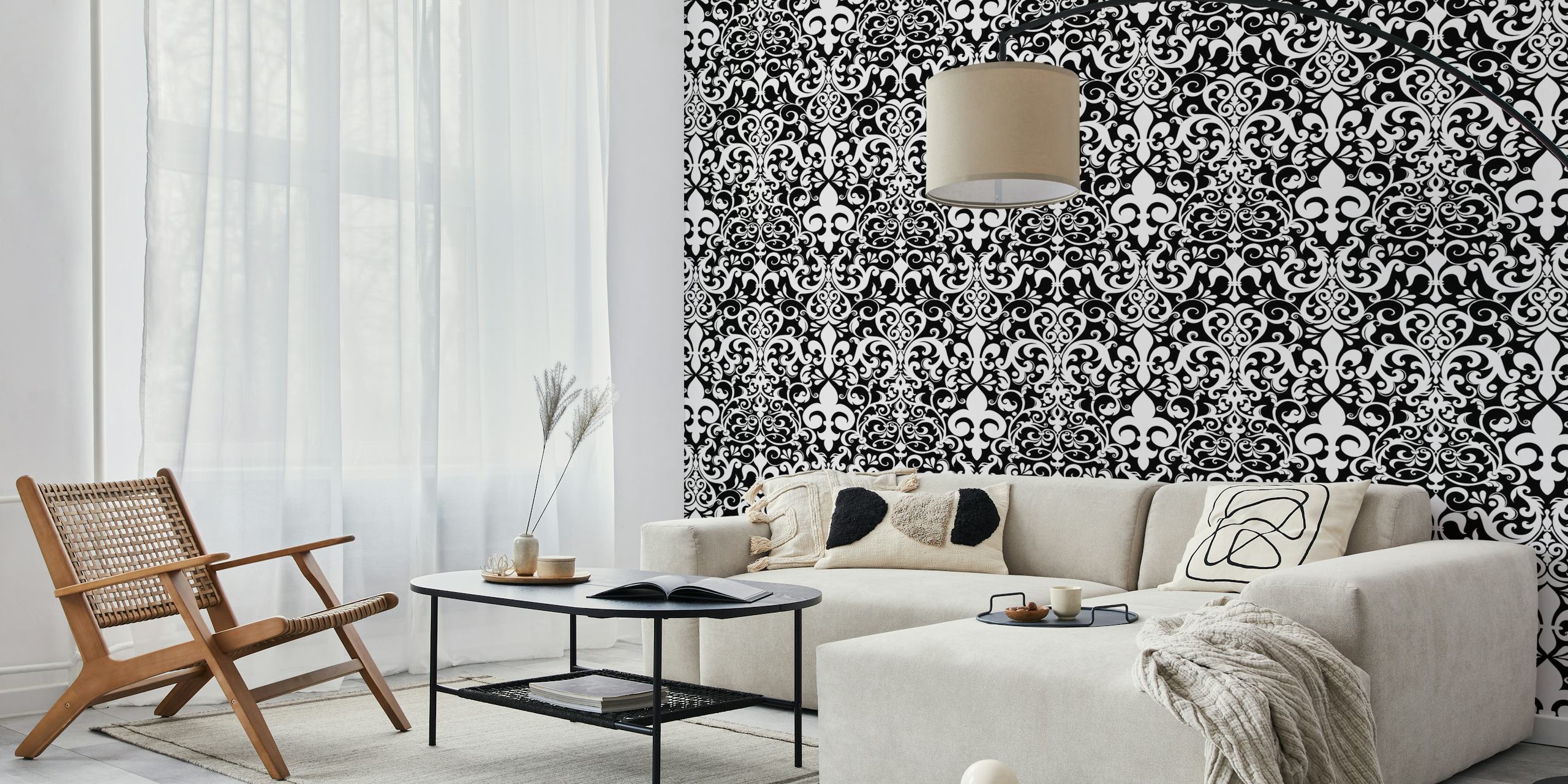 Fleur de lis damask pattern in black and white wallpaper