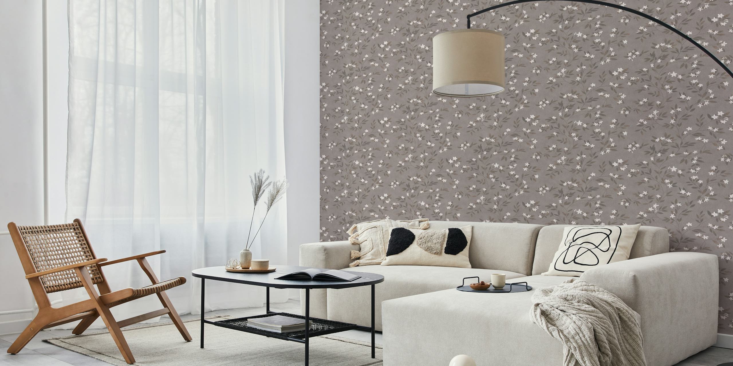 Jasmine taupe papier peint floral dans une pièce