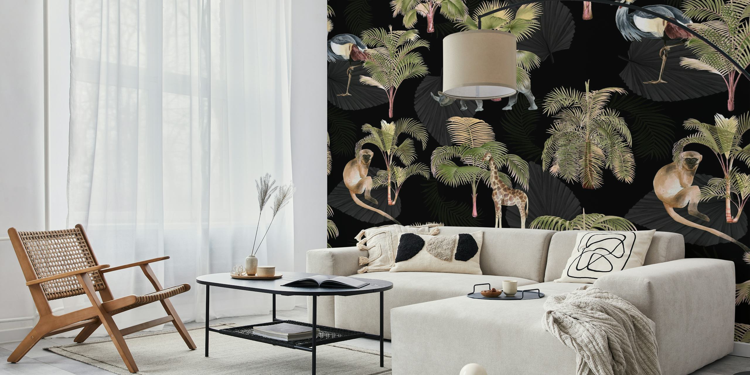 Exotic animals and palm trees on a dark background wall mural