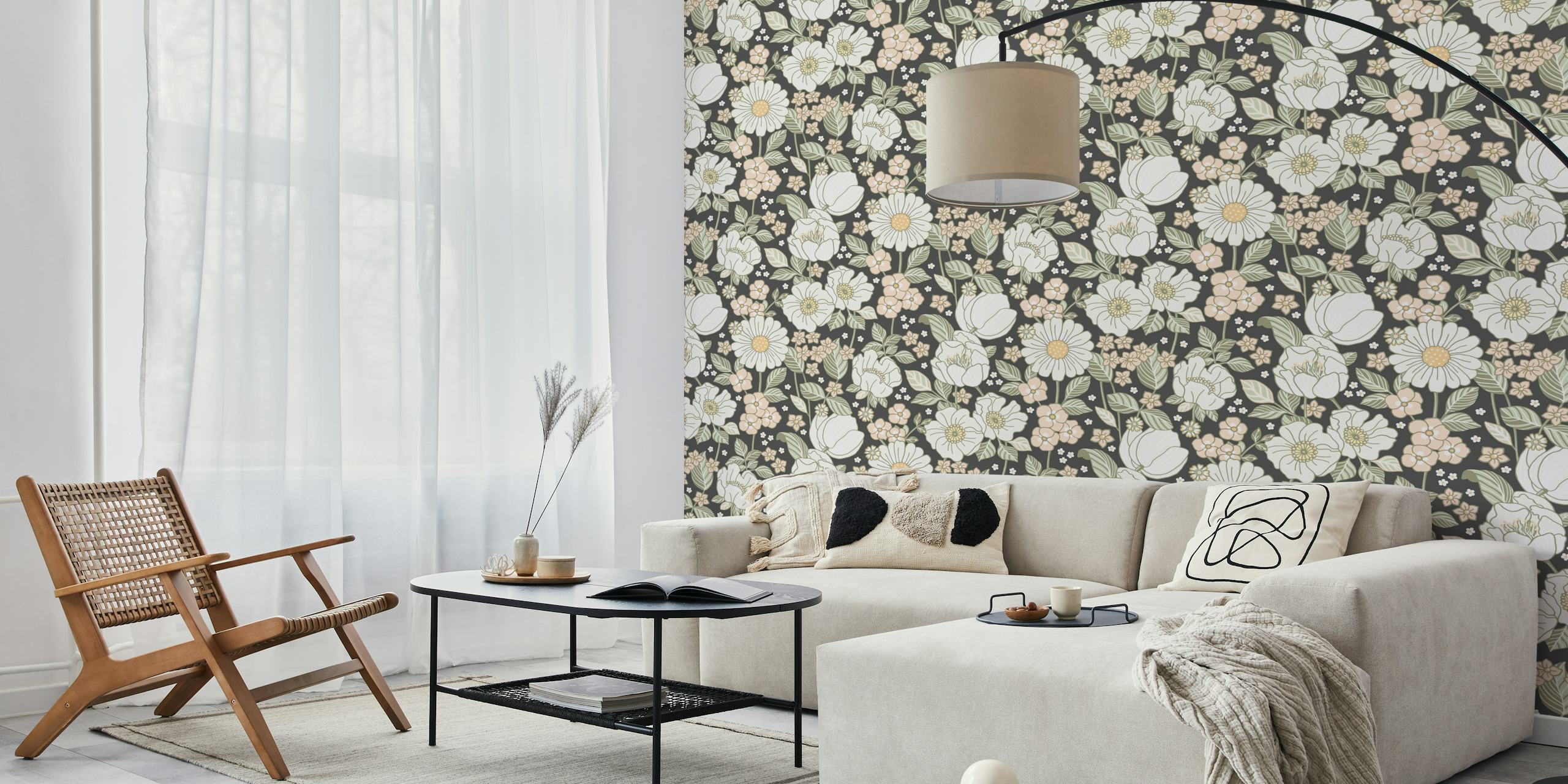 Floral pattern with white and pastel flowers on dark gray wallpaper