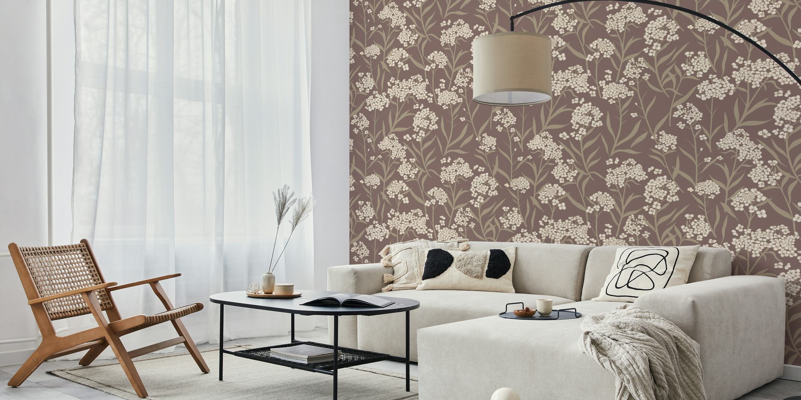 Floral design in neutral colors with taupe background wallpaper