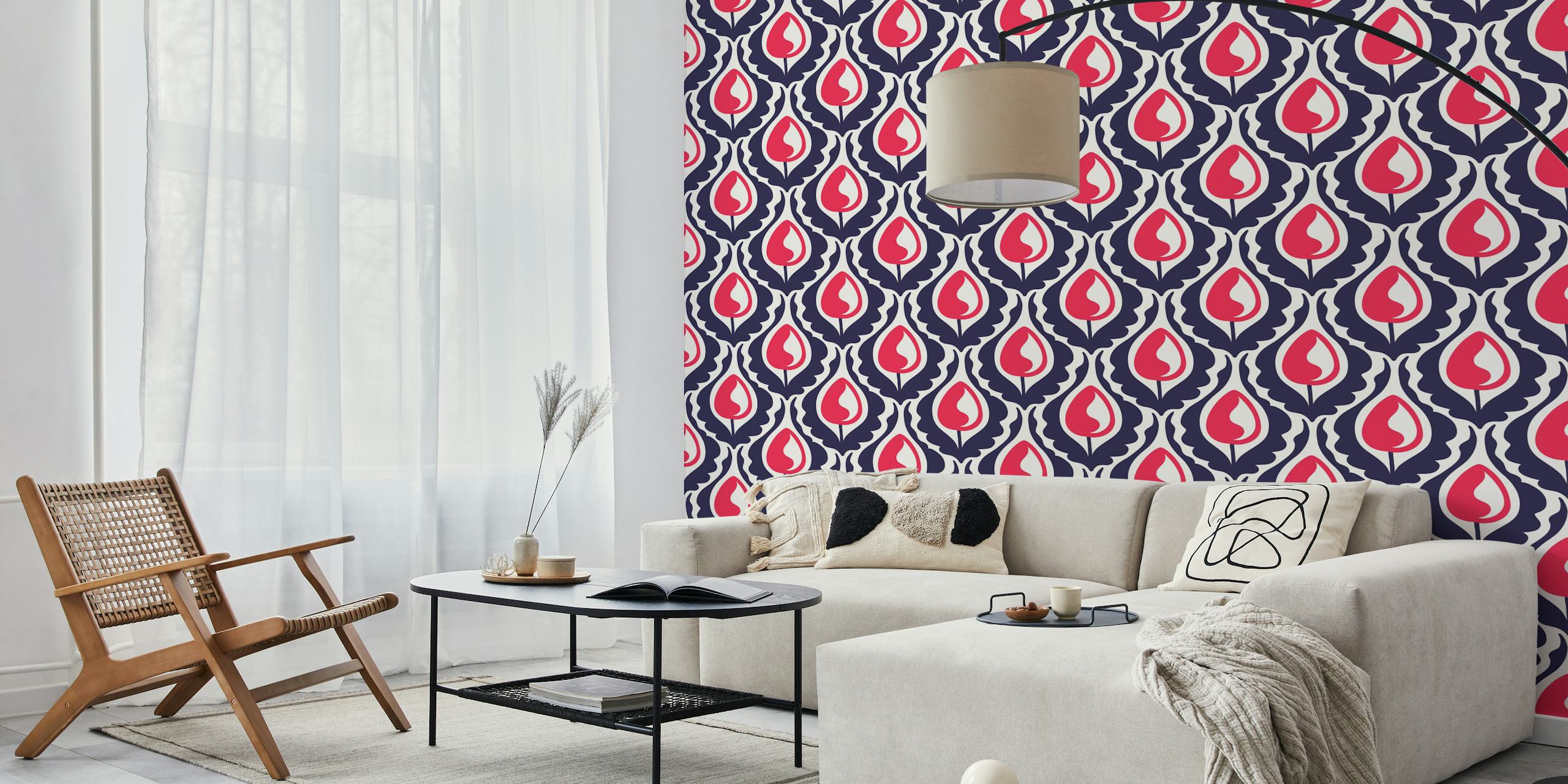 Vintage tulips wallpaper in navy red