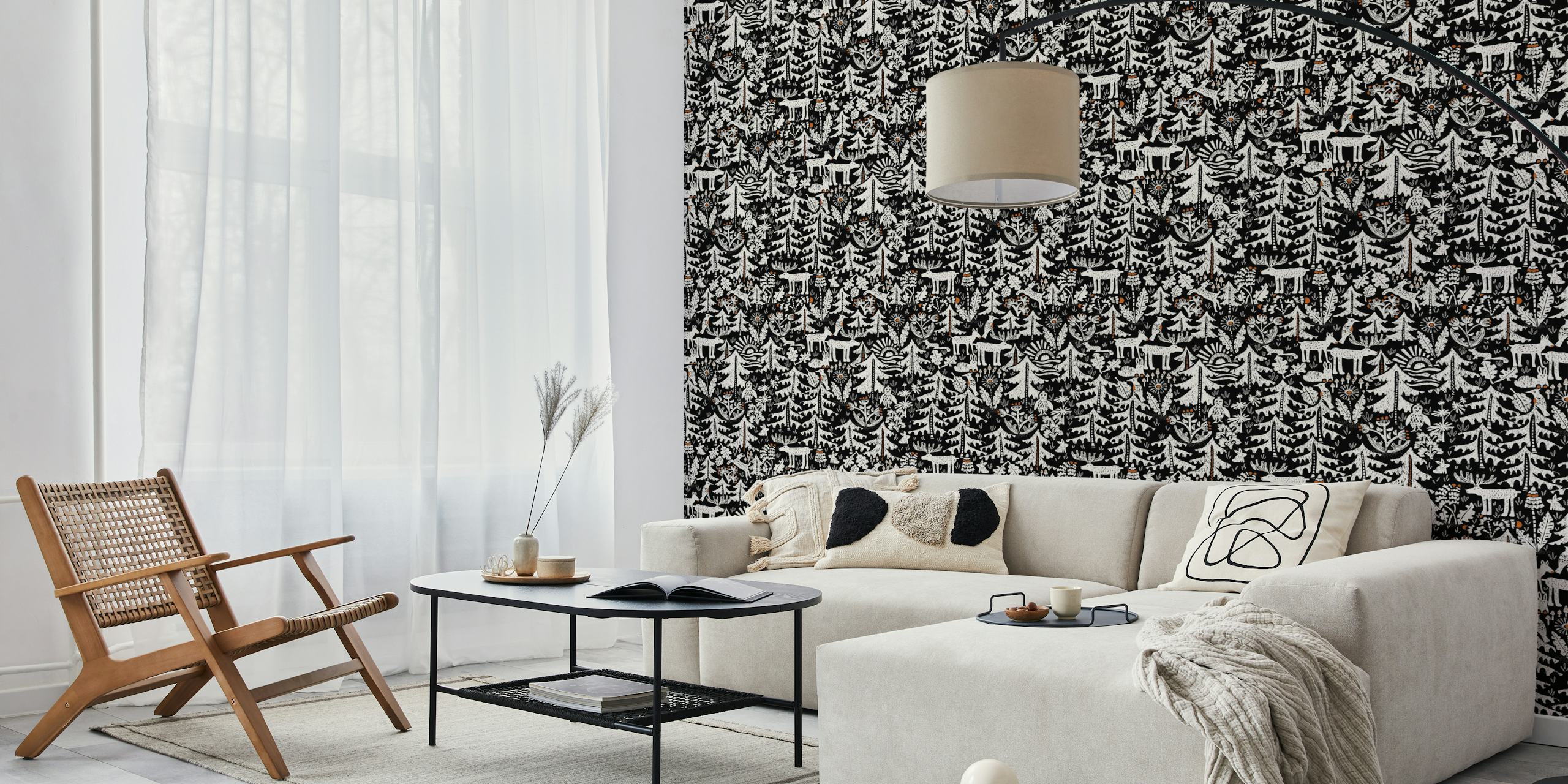 Black Forest black and white wall mural with stylized trees and wildlife
